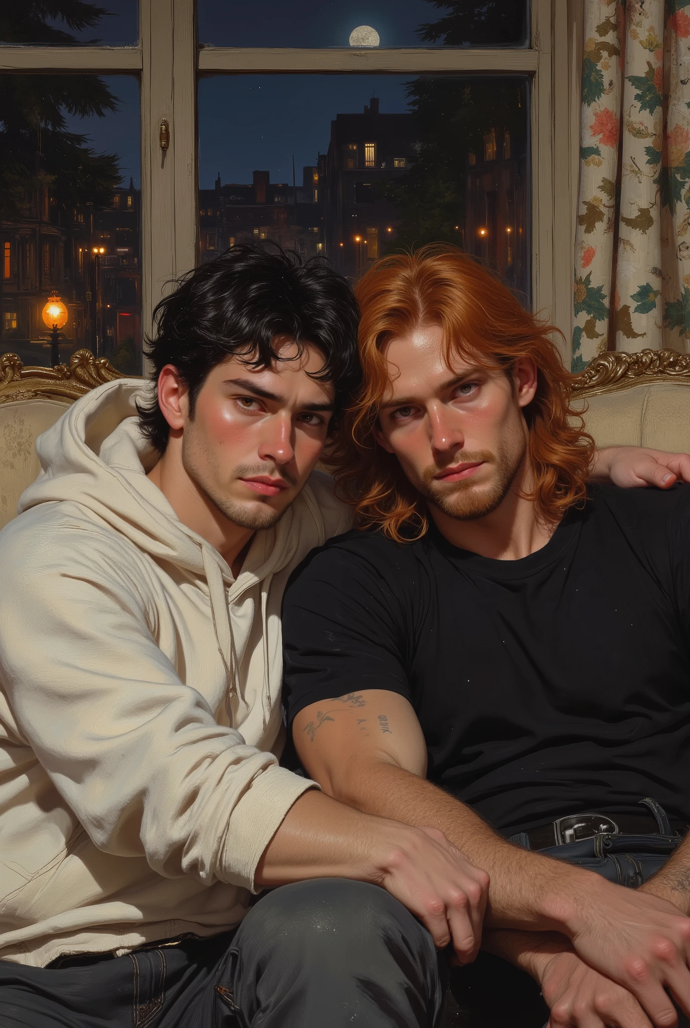 2 boy, 1 man with pale skin black hair black eyes wearing white hoodie and one man with dark brown skin long red hair brown eyes wearing black t-shirt, 1 Handsome pale man with black hair black eyes, 1 handsome dark brown skin man with long red hair brown eyes, (((big wide shoulders with thin waist))), (((masculine strong body with a pretty face))), (((full lips))), (((sharp jaw))), 1 man wearing white hoodie and 1 man wearing black t-shirt, (((2 men leaning against each other and sitting on a beige couch near a window night time outside))), (((upper body portrait))), upper body picture, looking at viewer, facing viewer, (((realistic))), highly detailed, masterpiece, absurdres, hq, 4k, 2boy, solo,Attractive, (ultra realistic), thick outlines, drawn, bright colors, detailed eyes, detailed hands, digital oil painting art style, Detailed face, attractive, dynamic pose, dynamic lighting, HD, good quality