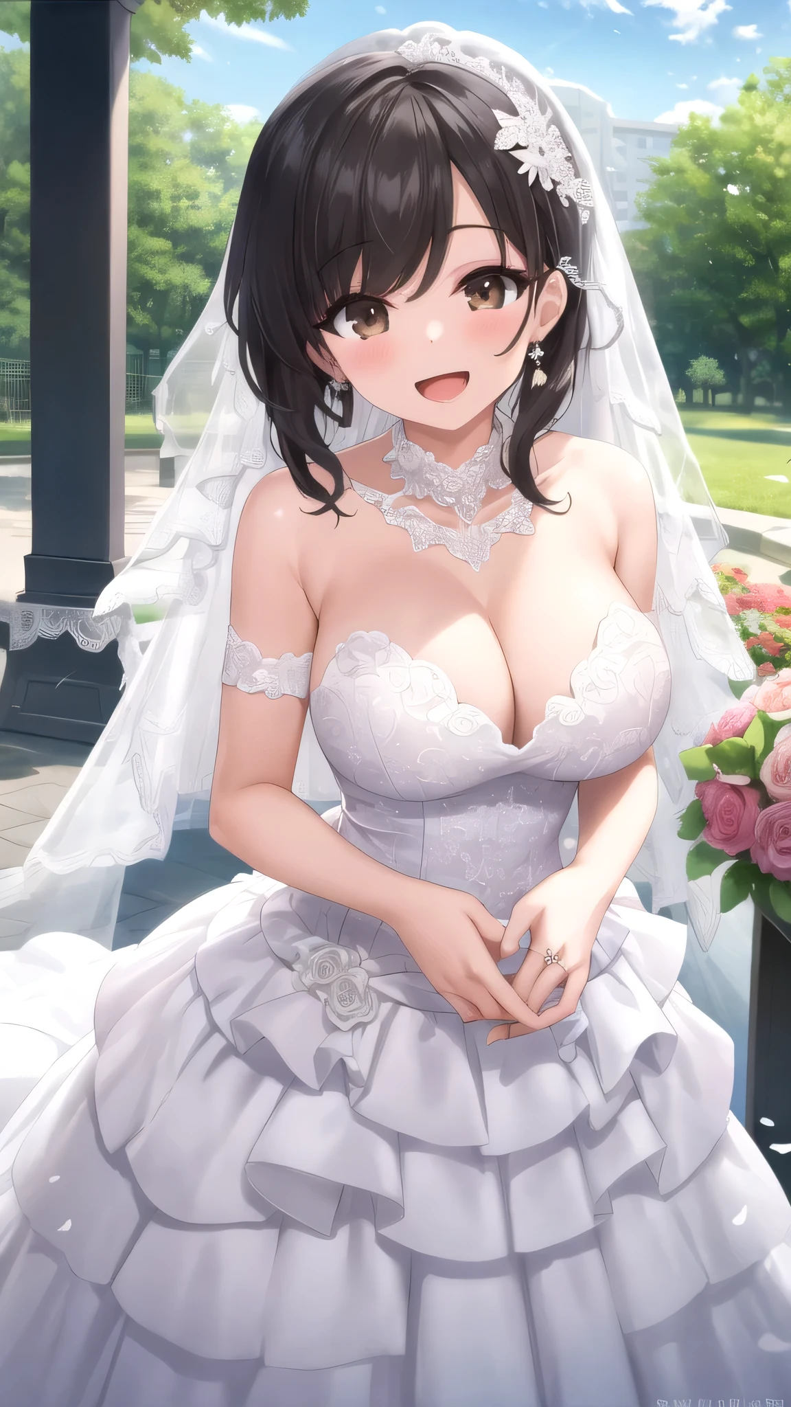 masterpiece, best quality, highres, aaichika, tiara, bridal veil, necklace, cleavage, wedding dress, strapless dress, white dress, white gloves, elbow gloves, garden on background, smile, open mouth, tears, full body, confetti, holding bouquet, bouquet, Pink lipstick on the lips, ????????????, shining ???????, nagatoro hayase, hair ornament, brown eyes, hairclip ,dark skin, black hair, ????????????, ???????????, rounded ????, rounded ???????, skirt lift, full body, standing,