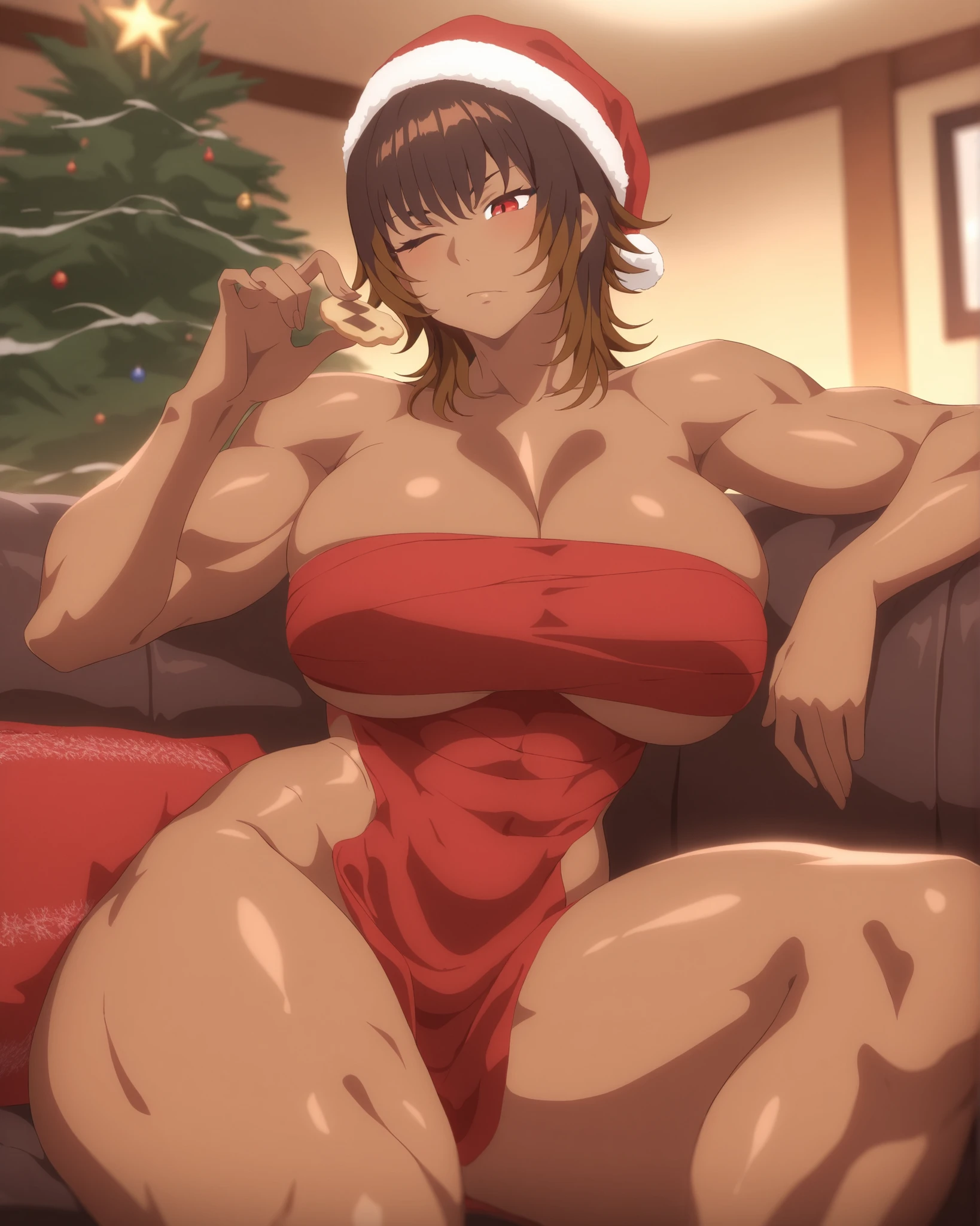 ,best quality,1girl,dark skin,brown hair,red eyes,wolf cut,living room,christmas tree,muscular,big breast,thick thighs,red linen wrap,wrapped on body,holding a cookie,sitting on couch,winking