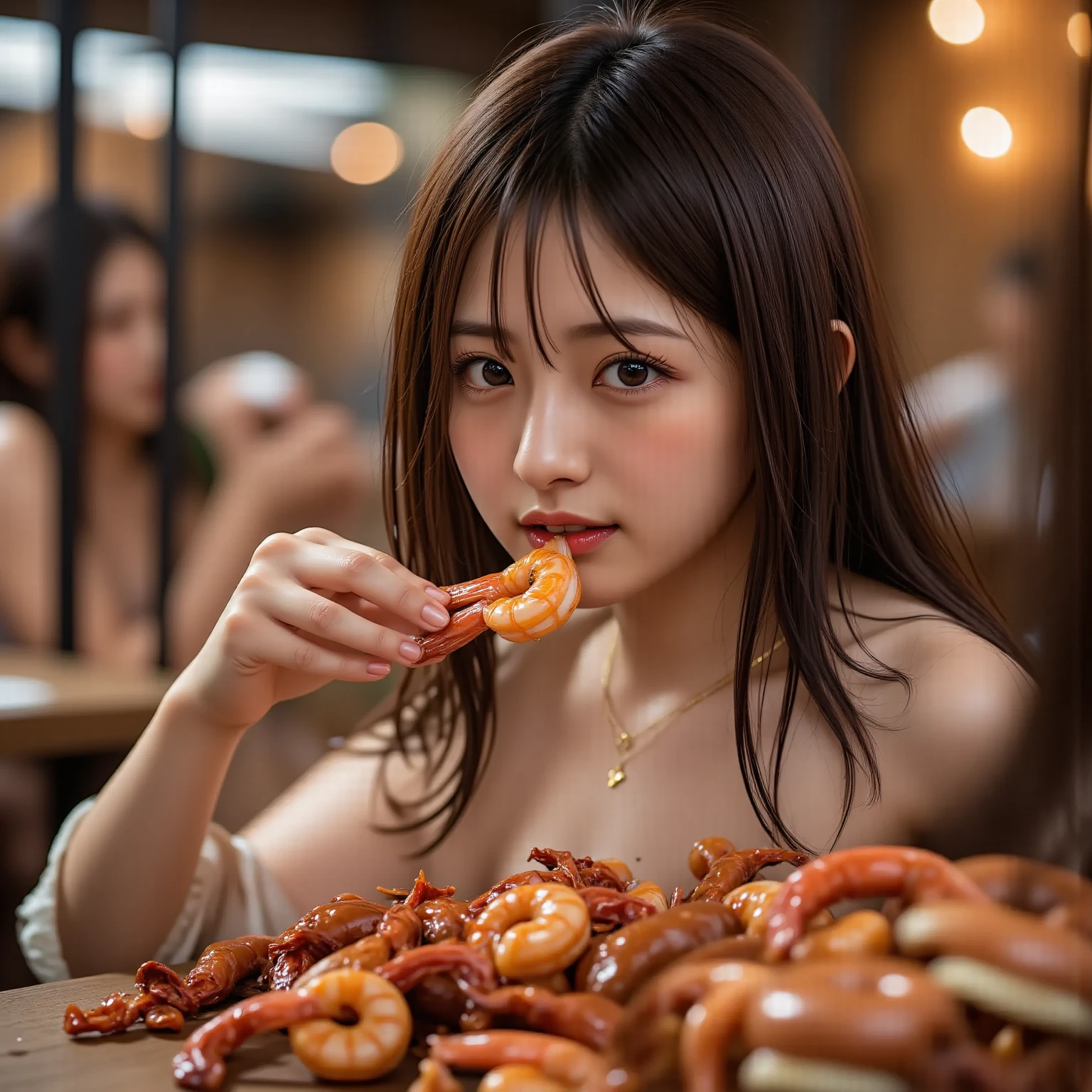 (best quality:1.2), masterpiece, Realistic, Ultra-high resolution, (((a beautiful Japanese idol 12 years old woman:1.2))), ((Gaunt:1.3)), (((Very flat :1.4))), ((Baby Face)), villainess, arms up, show me your armpit:1.2, (((tip of sausage touches her armpit:1.2))), (She has condensed milk poured all over her body), (completely :1.2), ((Armpits are wet and shiny with sweat:1.2)), She has skin that sweats easily Soaking wet, Sweaty, ((I can see my pores:1.4)), ((Frightened expression:1.3)), (((Put a very-long-sausage in her mouth:1.3))), ( chamber, prison:1.5)