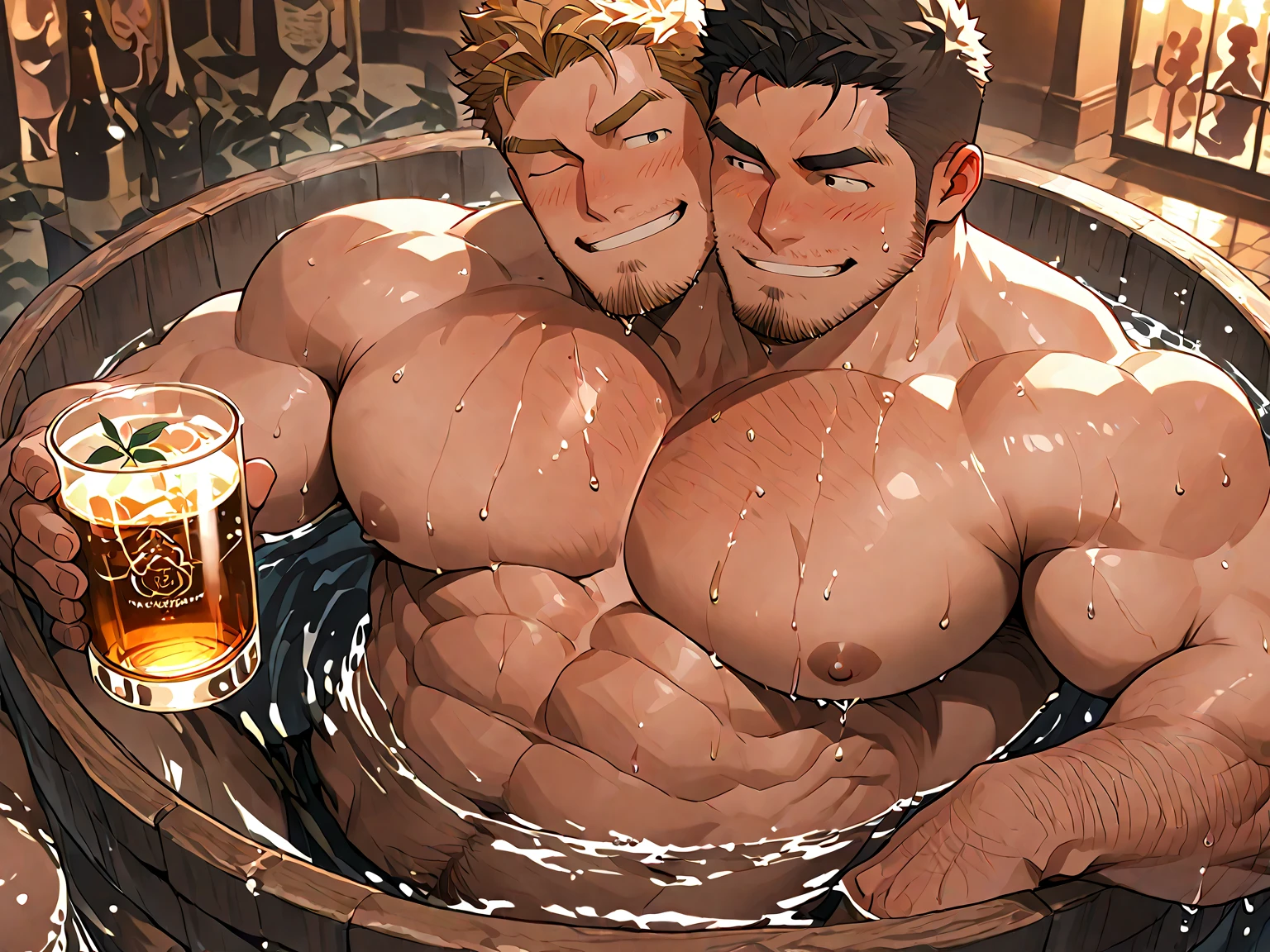 night,Japanese hot springs,muscle,独奏, a young man,beard,Blonde,Long Hair,Taking a bath in a hot spring,smile, liquor