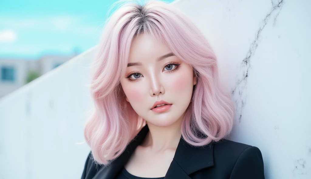 Woman standing upright facing the camera、Light clothing、Expose、Light white shirt、(highest quality, masterpiece:1.3, 超A high resolution, ), (Very detailed, Caustics), (Photorealistic:1.4, RAW shooting, )Ultra-Realistic Capture, Very detailed, High resolution 16K for human skin、 Natural skin texture、、Skin tone is even and healthy looking、 Use natural light and color, One Woman, Japanese, cute, Pink Hair, Mid-length hair, (Written boundary depth、chromatic aberration、、Wide range of lighting、Natural Shading、)、(Daytime outdoor lighting:1.4)、(Hair swaying in the wind:1)、short hair、hair ornaments、Put it on your ear