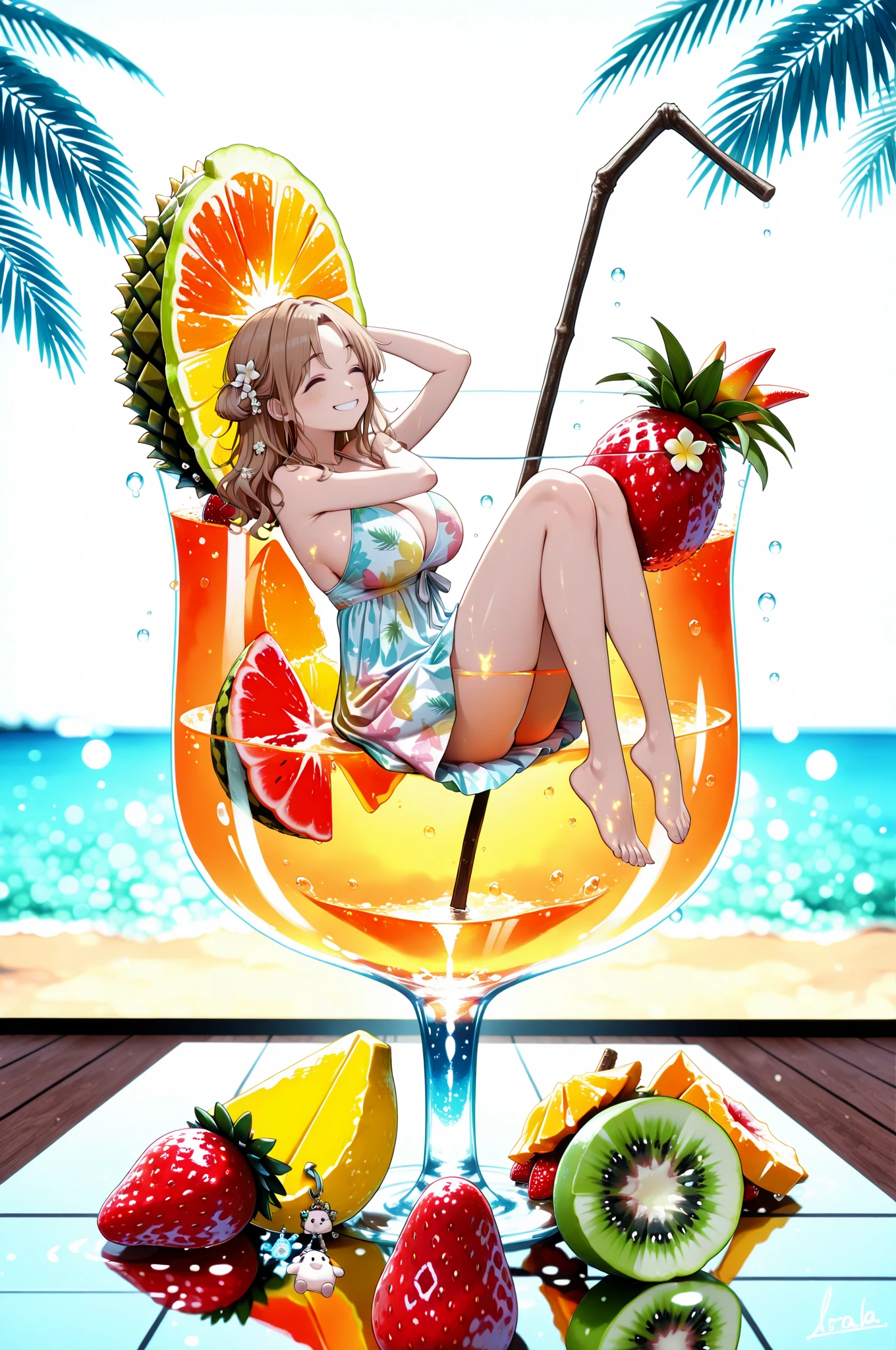 High resolution, high quality, 1 girl, anime girl, brown long hair, brown eyes,heart-shaped pupil, Green glasses, tanned skin, big breasts,beautiful , (big ass),beautiful butt,white ,squat,(drink a lot of juice),(inflate one's stomach),(lemonade),(lemon juice),(orange juice),(mango juice),(Binapple juice),(water),at the cafe,