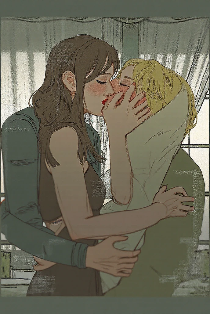 teenaged(2) Kisses on stage ((Modest, Shy, Infinitely cute and beautiful, sporty figure, pumped up athletic girl 17 years old; Blonde with short hair, with small neat elastic ; with relief muscles; big shiny blue eyes, long eyelashes, A slight blush)(Very cute effeminate guy 17 years old; thick shoulder-length brown hair; big brown eyes, long eyelashes; Almost flat )); the kiss, Play Roles, Performance, theatre;  Full-length photography from a short distance; Anatomical realism, higly detailed, high quality textures