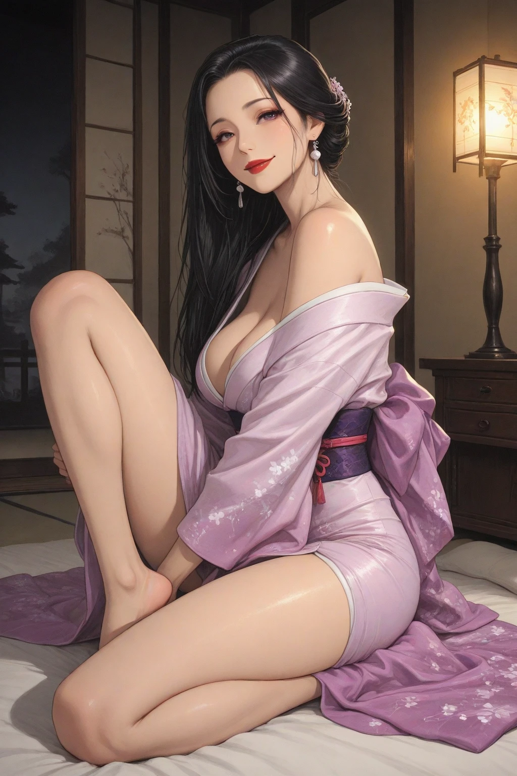realistic, 1girl, full body, black hair, glowing eyes, cat ear, wearing an open yukata, room, parted lips, big , blush, night, flowers, moonlight, hyper-detailed, high quality, 8k, photorealistic, professional digital painting, dramatic lighting, vibrant colors, intricate details, naughty pose, serene atmosphere, natural environment, ethereal, dreamy