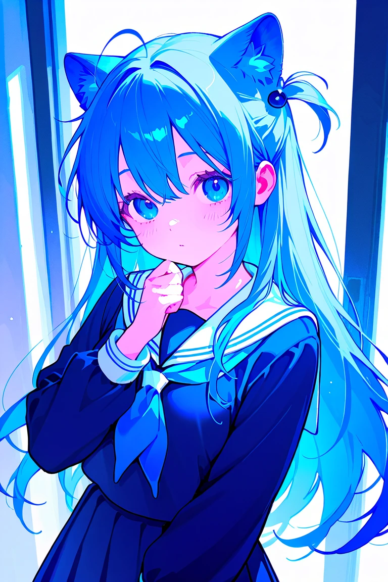 Colorful light background，long hair，Has a bright pink-purple  chewing gum texture，In pink、With blue, white, yellow and green、Pendant decoration with cyan accessories，This  a very sweet and sweet  girl，Long light blue hair，crimson eyes，Her hair  tied with two pink hairbands，short twintails，Qi bangs，Two long hair curtains on both sides，Wearing a white sailor ，grey short skirt，Iron earrings worn by bad girlangs pulled by hairpins，The sleeves are long，Fresh atmosphere，Warm colors，The eyes are focused，highlight，masterpiece，blush，expressionless，Open your mouth slightly