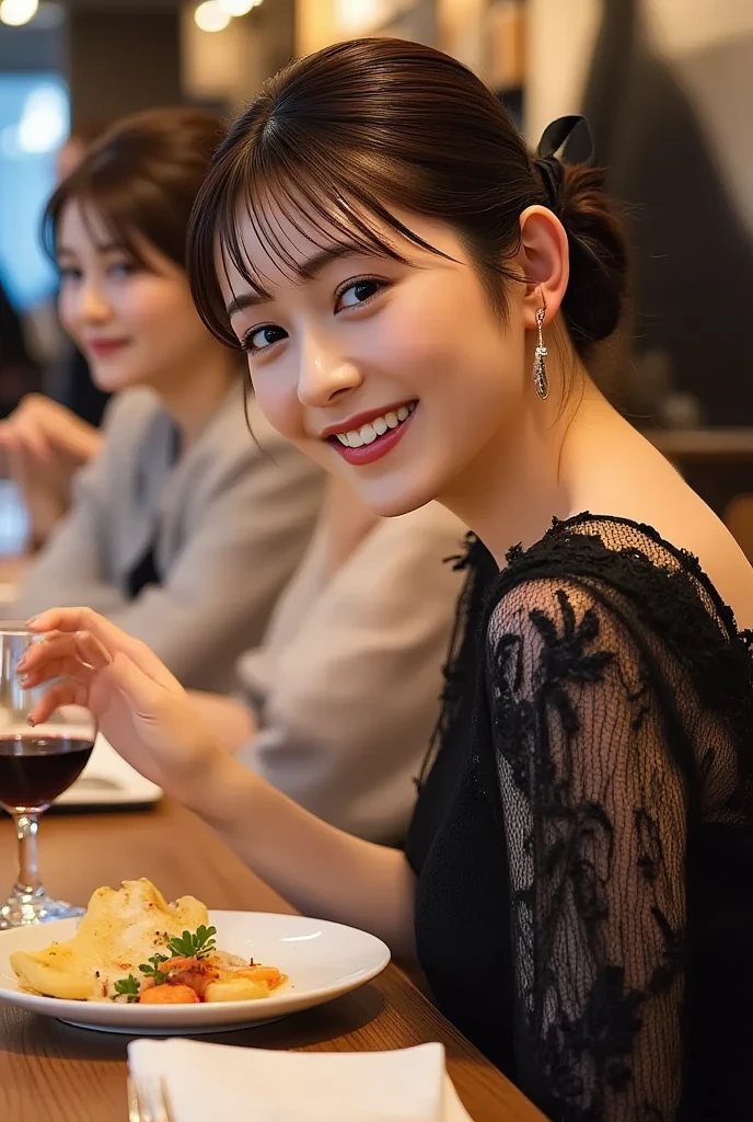 ((Highest quality、8K、masterpiece:1.3))、 (Ultra-realistic、 Genuine、Bright image、Intricate details:1.2), 最高のsmile、1 male、1 female、Beautiful couple、love love love、spouse、spouse、Good friends、actress couple、smile、Full-course dinner at a packed table、 (Slim face), (the body is slim), (Brown Hair), (short hair), テーブルのwine glass、Please shine a light on my face、 Amazing view of the sunset sky and clouds、 39 years old, red wine 、Appetizers、Wine bottle、sparkling wine、Long sleeve shirt、dress、White wine, red wine, wine glass, 