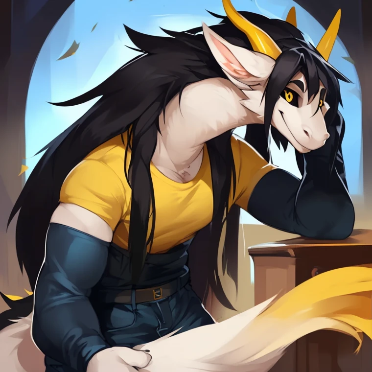 Female goat, anthro, , wide , thick thighs, thigh highs, short tail, long ears, two horns, looking back, anthro female wearing unconventional armor, cartoon, rear view, looking back over shoulder, gray fur, yellow eyes,  Solo female, On left side, poseing