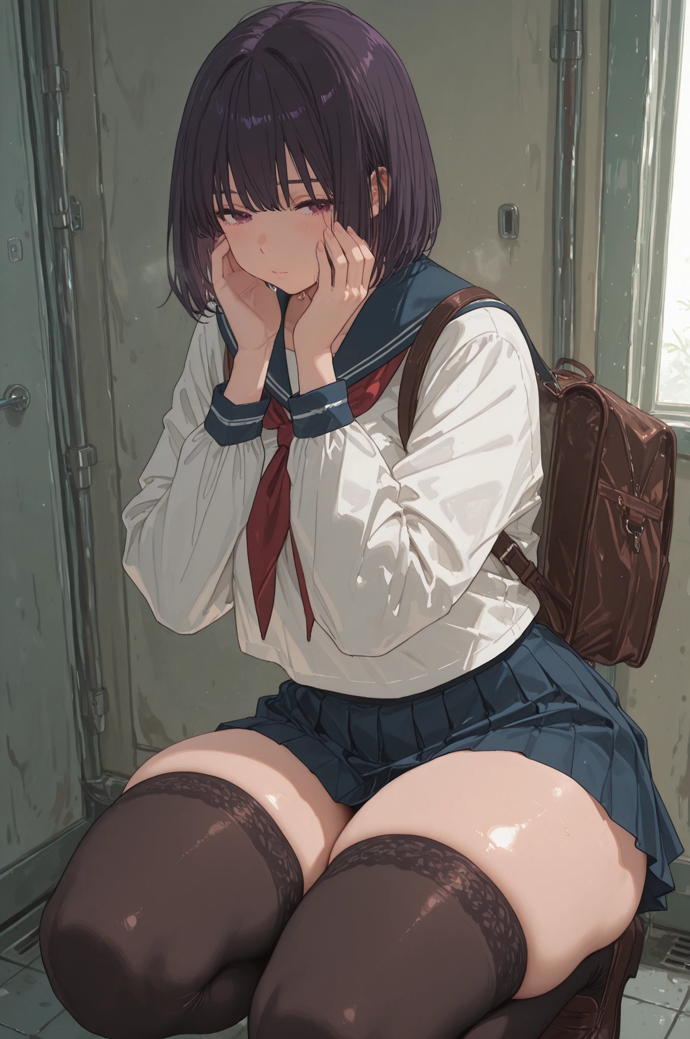 1 woman, 17 years old, (updo, red and black hair), plump body, red eyes, Indonesian high-school uniform, (white transparent shirt, off-shoulders), osis logo on shirt pocket, ???????????, light-grey pleated skirt, sitting on a chair, seductive pose, full body shot, side view, smiling, in the classroom.