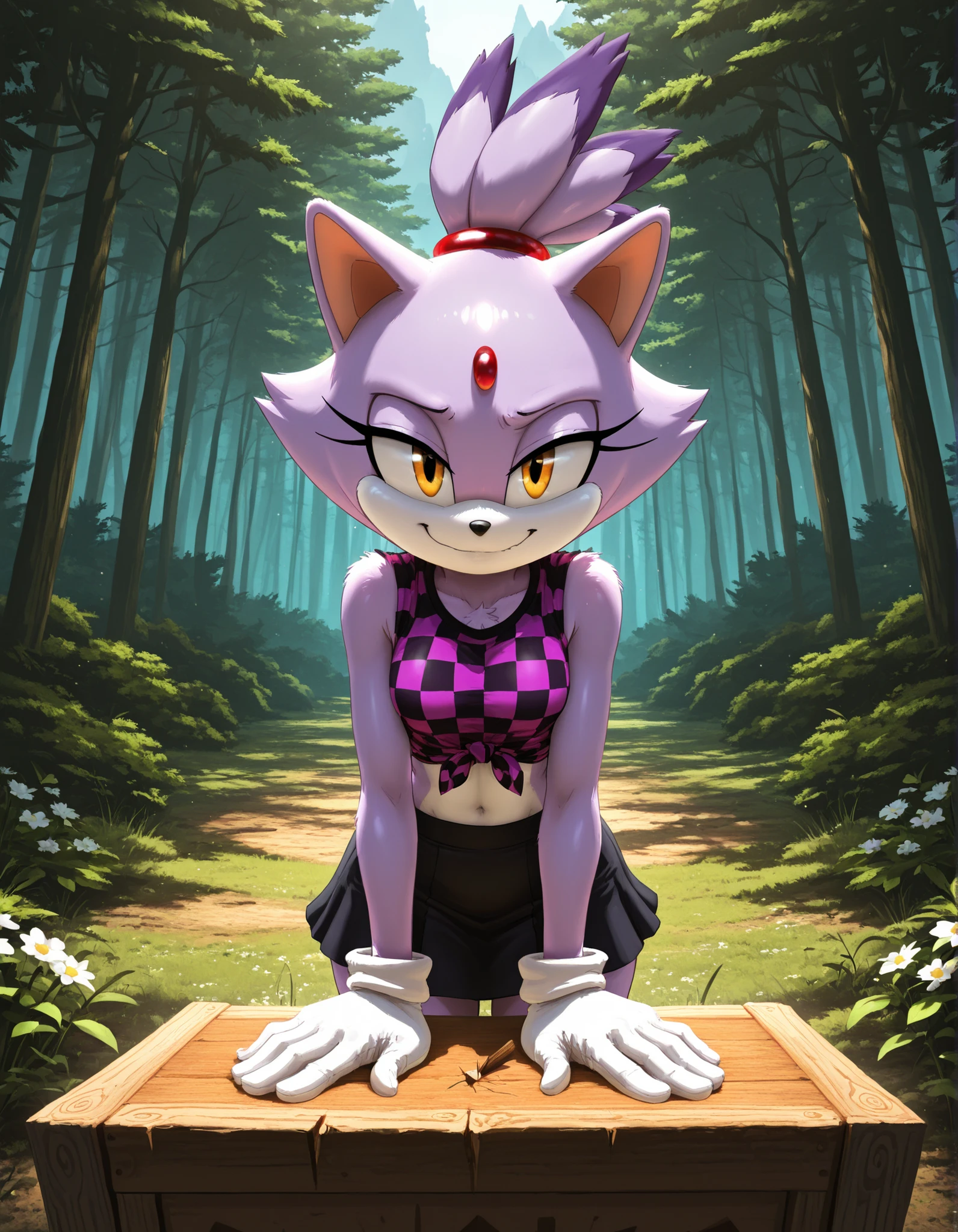 [Blaze the cat], [Uploaded to e621.net; (Pixelsketcher), (wamudraws), (napalm_express)], ((masterpiece)), ((HD)), ((High Quality)), ((furry)), (()), ((solo portrait)), ((back view)), ((full body)), ((detailed fur)), ((detailed shading)), ((cel shading)), ((beautiful render art)), ((intricate details)), {anthro, (slender body), purple fur, black nose, cat ears, (cute yellow eyes), (red gem on forehead), long tail, (tied-up hair), (gorgeous ), (beautiful legs), (), (expressionless), (frown)}, {(purple trench coat), ( spandex leggings), (white fluff-lined gloves), (red-pink fluff-lined heel boots)}, {(on grass), (standing), (arms at side), (looking back)}, [background; (forest), (spruce trees), (nighttime), (starry sky), (ambient lighting)]