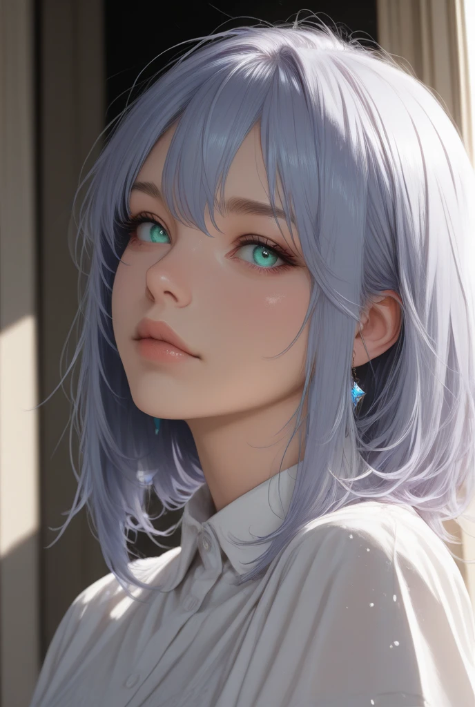 loking at viewer, light smile, blush,, o, cowboy shot, v arms, short silver hair, blue eyes, serious looks. looking at viewer, cowboy shot, solo, silver bunny ears, one bed #Anime. lack , fur trim, gloves, blue boots floating armor, power armror