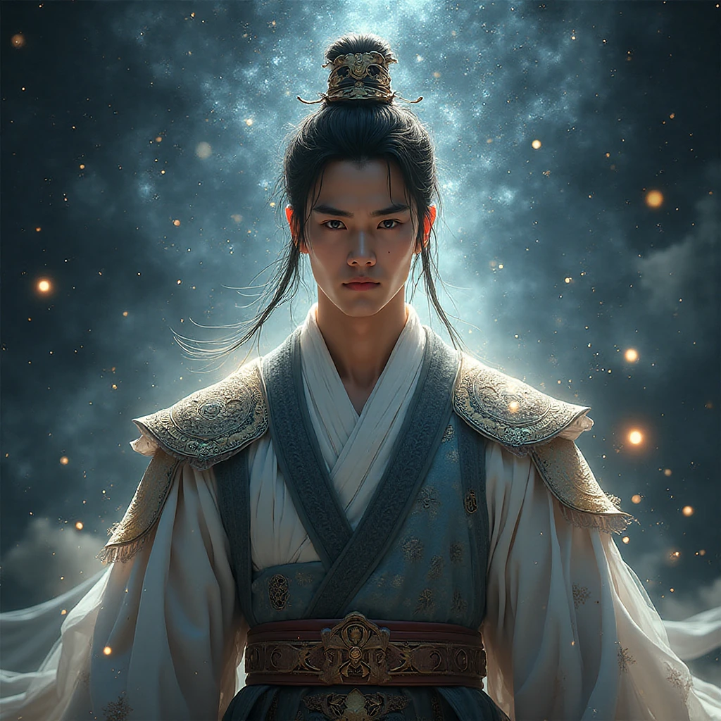 (Best Quality:1.2), (high resolution:1.2), (beautiful face and eye:1.5), (sharpest focus:1.2), (Ultra-realistic Photo:1.2), (Ultra-precise Photo:1.2), (Depth of field:1.2), (8k high resolution:1.2). (perfect :1.2), 
(nice hands:1.5), (perfect hands:1.5), (Cynical smile:1.2), (A very young and beautiful Chinese man:1.0), (lying down quietly with closed sick eyes:1.2), (At the top of a steep rocky mountain:1.2), 
(Stars of Leo twinkling in the night sky:1.2), (Looking down angle:1.2), (holding a drawn sword:1.0), (Chinese warrior with very light armor and beat-up arms:1.0), 