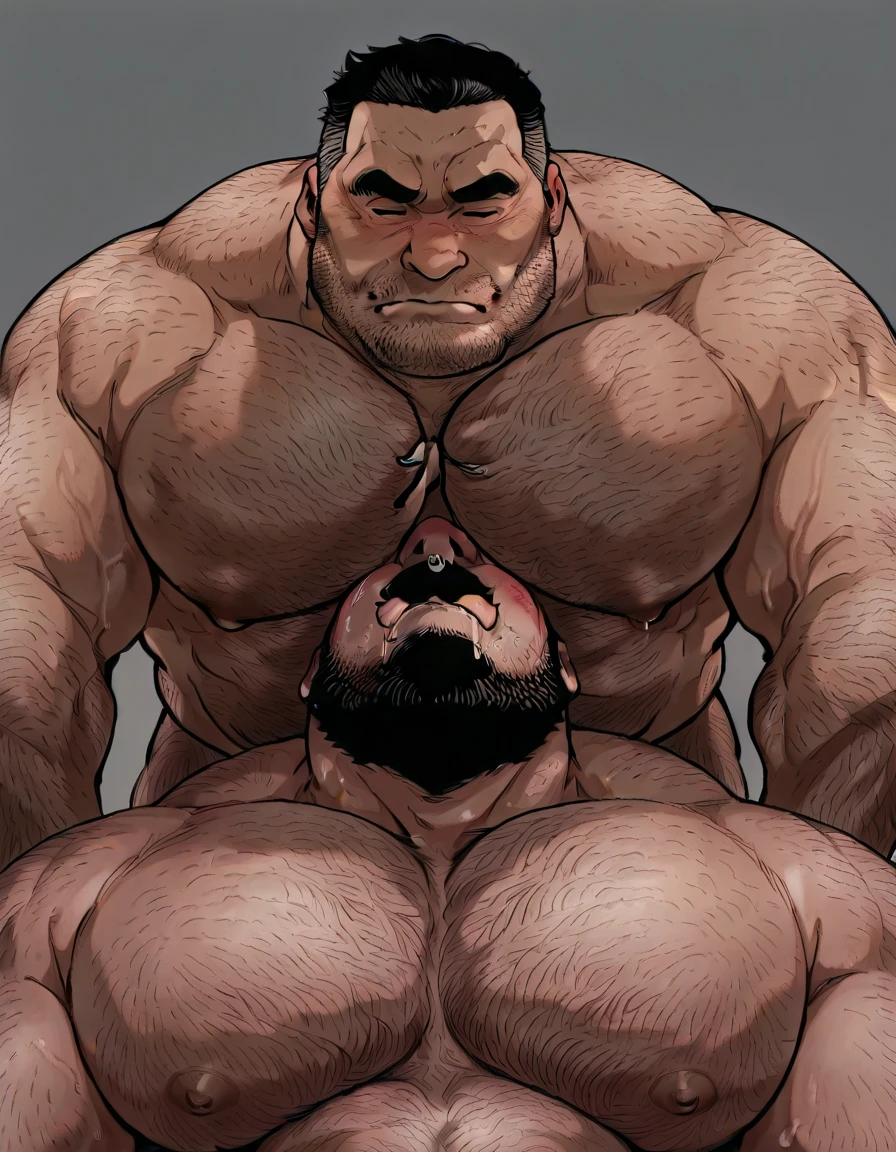 manga, monochrome, white background, heel wrestler wearing gray tights, tights is touched by other wrestler, hunk, middle-aged man, pale face, eyes wide open with agony face, puckered lips and mouth open, raise eyebrows, shirtless, combed-back hair, beard, forward-jutting lower jaw, turn face upward, 3 panel comic,