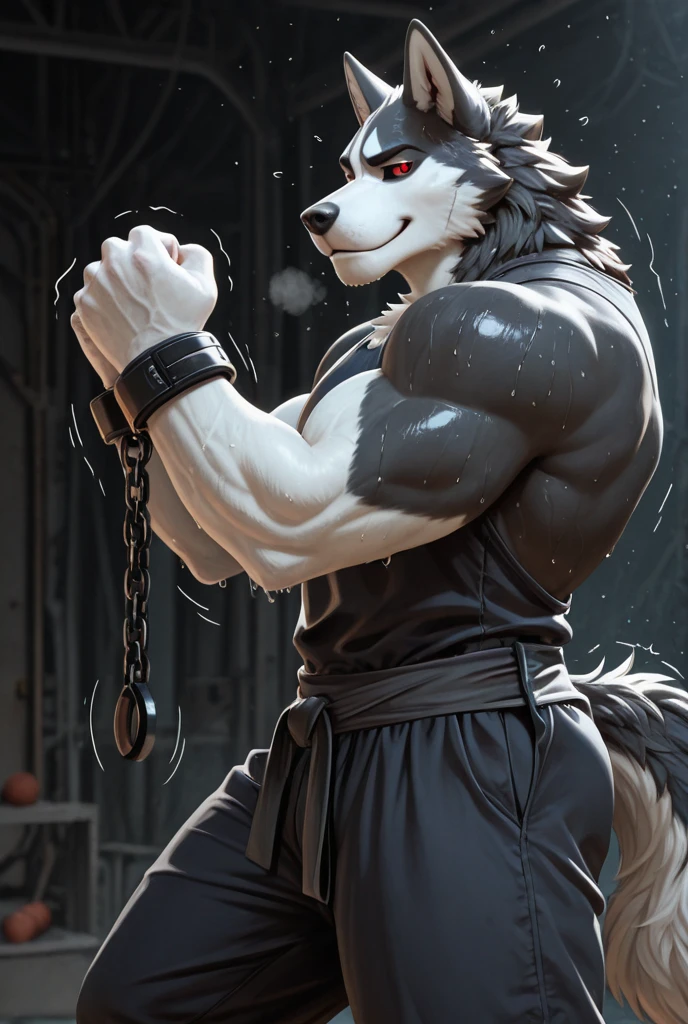 , ,blood splash, blood dripping, wolf, 1boy, solo, colored sclera, golden eyes, black beard, gray fur, full body, anthro, (frown:1.2), (pain:1.3), (clenched teeth with drooling:1.3), (one eye closed:1.5), from above, kneeling,correct , correct hands, ((hands behind back)), (looking upwards:1.5), (tightly bound by chain:1.4),male, muscular, muscular anthro,abs injured, (scared),red blood,red liquid dripping,bleeding cut, injured,((abs bleeding)), (sweat:1.4), muscular male, aged up, hi res, (black bottomwear:1.2), 8k hd, extreme detail, detailed background, wet,dark dungeon,blood pool, by Pino Daeni, (by ruaidri), by virtyalfobo