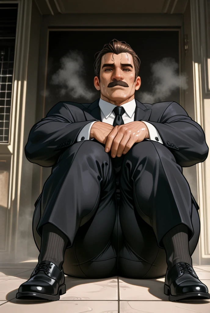 (Masterpiece, best quality), 1 middle-aged man, muscular, short hair, brown eyes, complex, (living room), full body, white coat, bright colors, (depth of field: 1.2), (phone to ear to listen to the call), nervous, looking at the audience, sitting on the sofa, spreading legs,