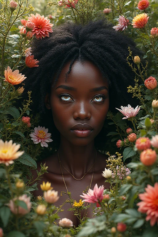 Une jeune femme noire africaine de peau d'ébène assis sur un jardin 