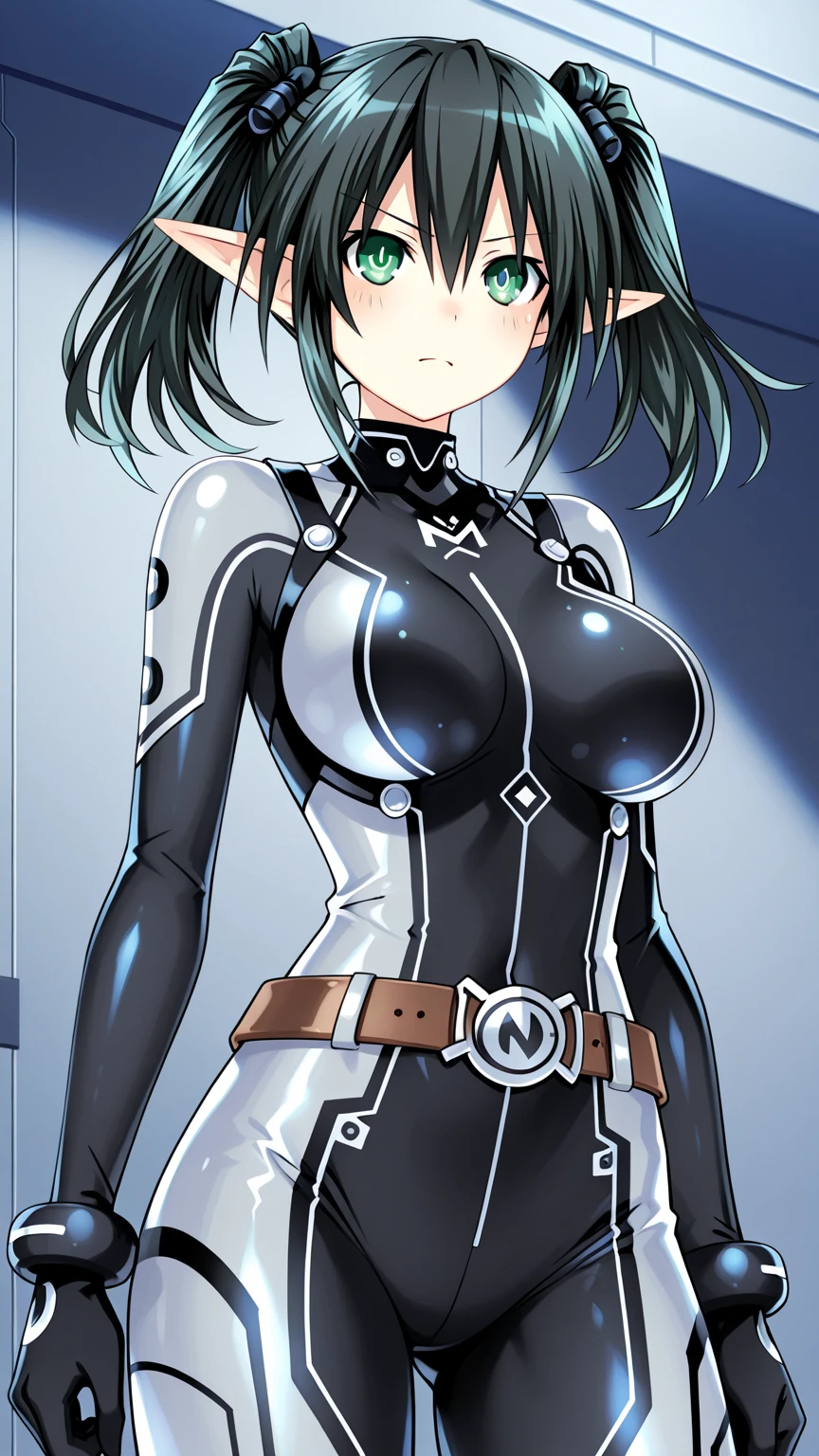 masterpiece, detailed, hgsdxd artstyle, hgsdxd artstyle, 1girl, solo, quartaxenovia, seiseixx body, large breasts, looking at viewer, short hair, blue hair, multicolored hair, green hair, two-tone hair, streaked hair, holysenshiu outfit, thighhighs, gloves, black thighhighs, fingerless gloves, leotard, cross necklace, yellow eyes, standing, (cowboy shot), outdoors, tree, sunset, sky, clouds, park, <lora:hgsdxd-nbai:1>
