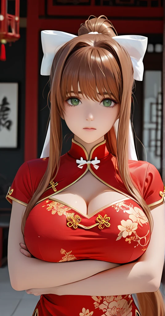 ((top quality)), ((masterpiece)), (details), （perfect face）、Blonde twin-tailed Jamie Ossen has excellent proportions and is wearing a gorgeous and glittering  red red Hanfu red bridal dress