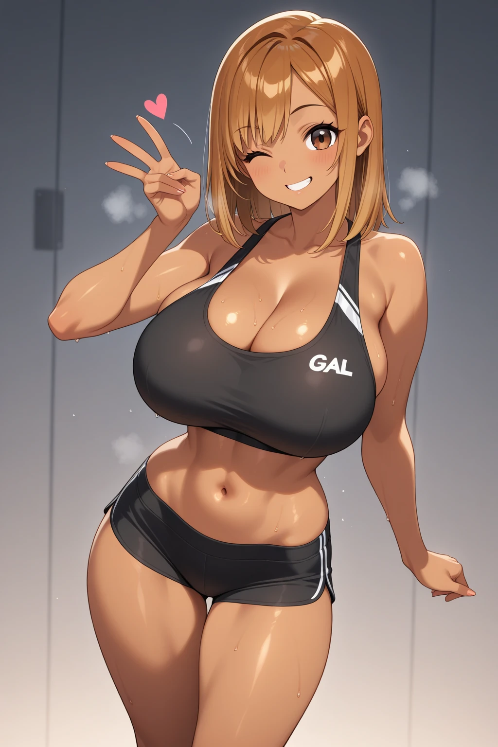 masterpiece, best quality, 1girl, solo, adult, trainer, hair between eyes, slim, , tiny smile, looking at viewer, gym, moody, sfw