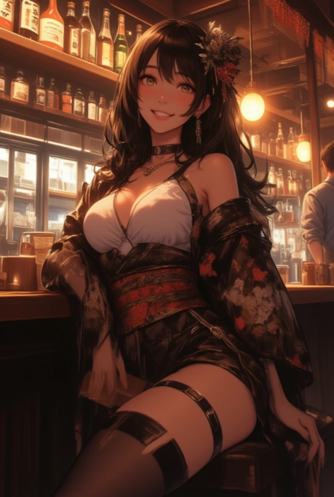 (from above:1.2),(from side:0.9), ((Face)), (Close-Up:0.4), masterpiece,"A 26-year-old girl stands at a bar counter. She is dressed in a stylish off-shoulder dress, sweater dress, off-shoulder sweater, red sweater,garter stocking, midriff, red skirts, black thighhighs, thigh strap, pretty girl, (highly detailed beautiful face and eyes,firm ???????),real skin,((black,hair,long pony tail hair)),thin pubic hair,cute and lovely pose, detailed eyes, This masterpiece is only visually stunning but also tells,(double breasted:0.6,under bust:0.6,cleavage:1.1,),(small ???????:1.2),(perky ?????:1.1), (pointed ?????:1.3), medium ????, glamorous body,(with sparkling eyes and a contagious smile),open mouth. The bar is beautiful, with colorful bottles of alcohol in the background and a soft glow from neon lights. The atmosphere is relaxed, and the girl looks confident and fashionable.",full body, ???? pose,make a cocktail , in a bar counter, Looking at Viewer,
