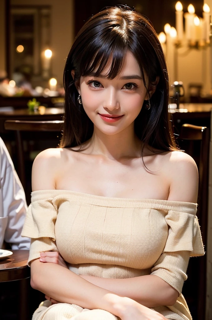 (whole body)　A very cute face like a 15-year-old idol　Smiling Kindly　In a blouse　(whole body)　Cleavage　Medium Bust　Stylish wine bar　Cinema lighting　Natural light　Artistic　RAW Photos　Genuine　High quality that is indistinguishable from real life　Real Stick　High resolution