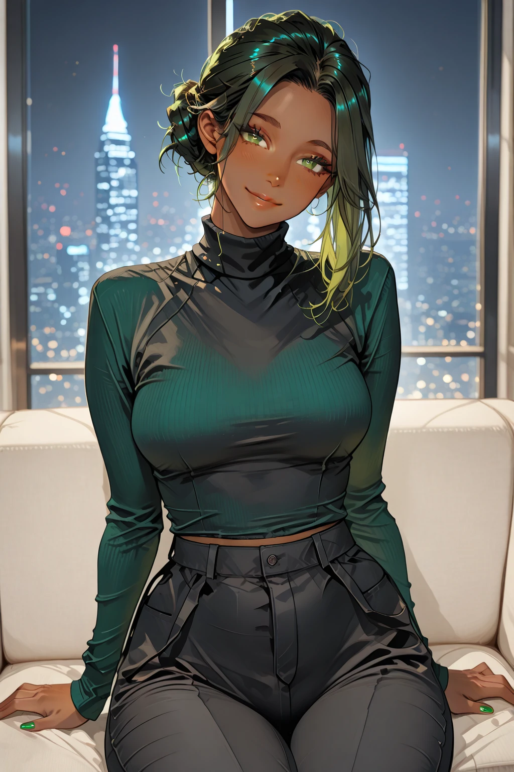 Beautiful green hair girl is shown to have a slender figure, she is wearing a ???? turtleneck sweater and cute skirt, high socks,, choker, ???? look, ponytail, yellow eyes, girl in a coffee shop ,???? session, ???? pose, cowboy shot, superior quality, many details, realistic