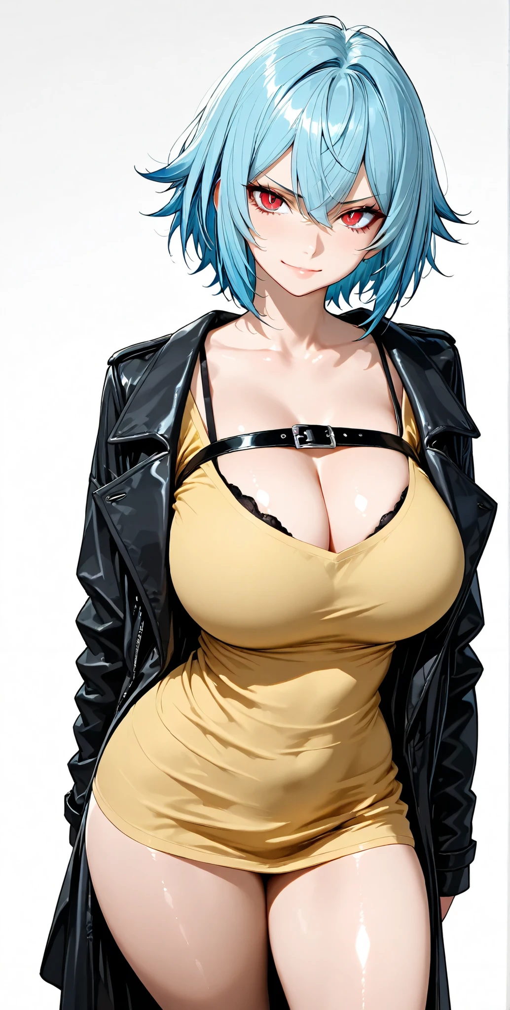 (Masterpiece, BestQuality:1.3), (ultra detailed:1.2), (hyperrealistic:1.3), (RAW photo:1.2), High detail RAW color photo, professional photograph, (Photorealistic:1.4), (realistic:1.4), professional lighting, perfect ???????, (???????????:1.2), (blush, detailed face), (cheerful Smile:1.5), (Blue Hair:1.5), Trending Hair&Trending Hairカラーをランダムに, earrings, necklace, bracelet, sexly, ?????? sexly, Random ???? gravure poses, (???? woman in black leather jacket and shorts。A cool expression on the abandoned factory grounds、Leaning against a wall。: 1.3)