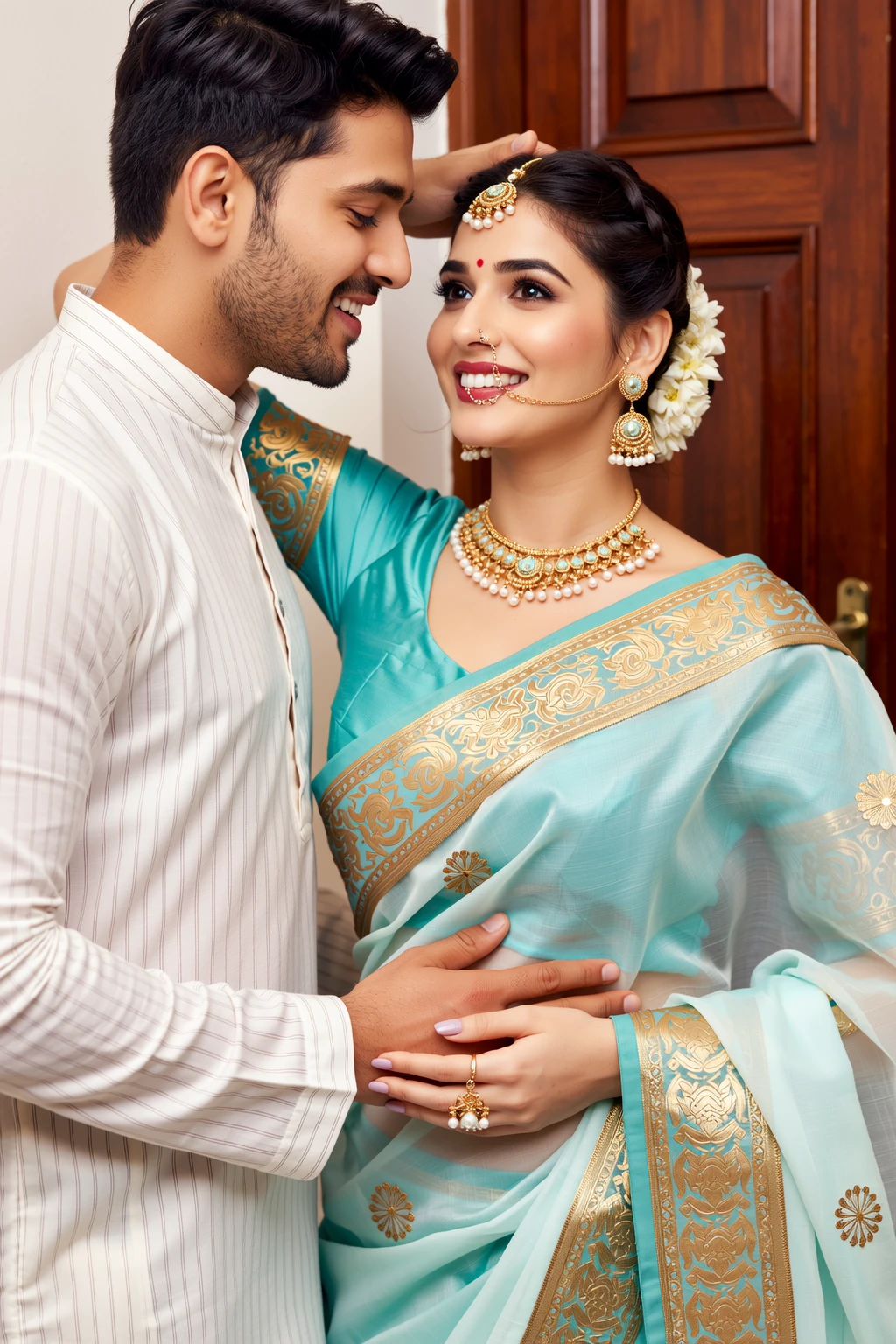 a  20-year-old  man  affectionately hugging and kissing aradiant, full-figured South Indian plus-sized 30 year old teacher wearing a blue silky saree in  dressing room, captured in a full-body image with vibrant hues and meticulous details. Full body image