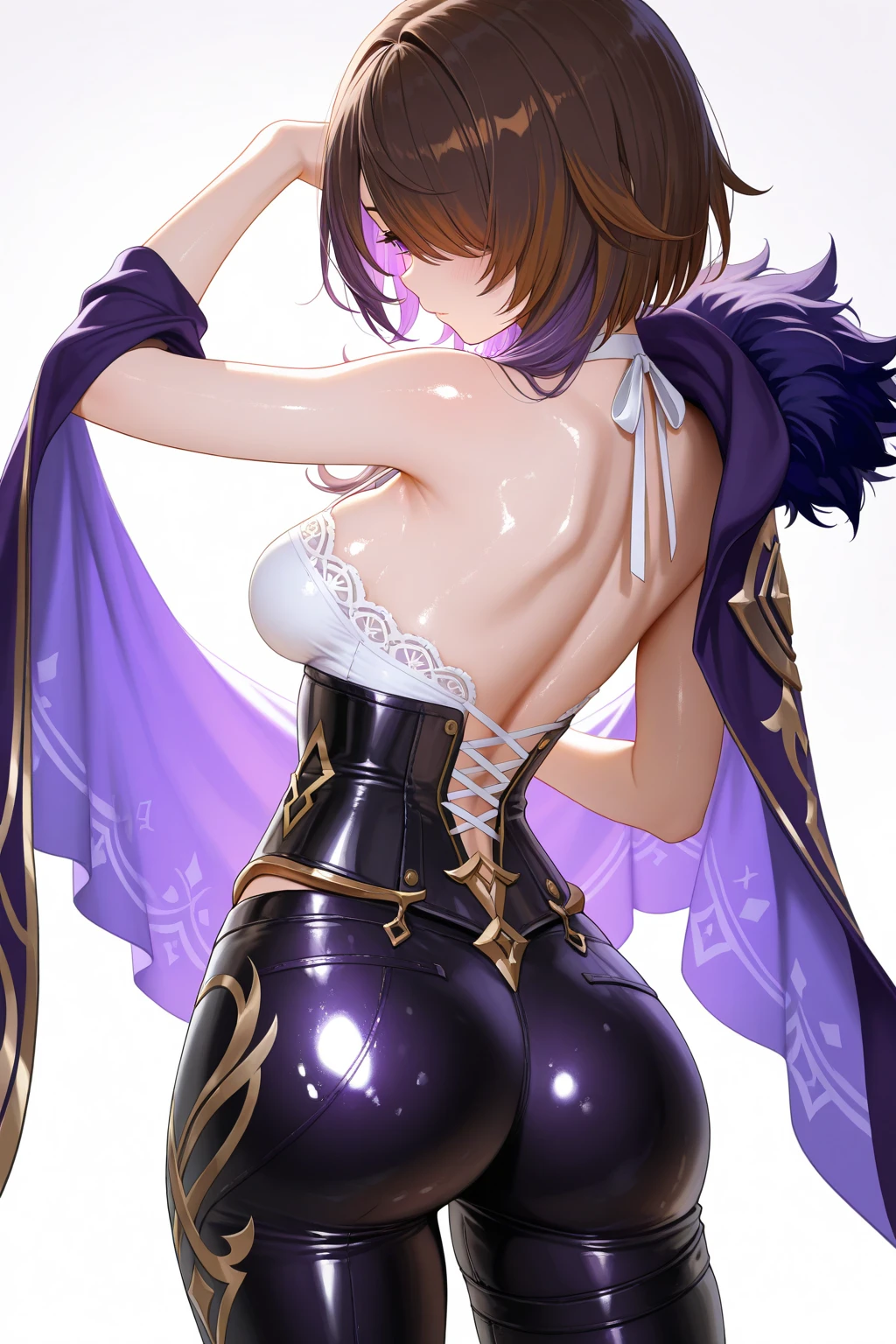 (score_9,score_8_up,score_7_up,),raiden shogun, genshin impact, ,big tits, standing, back view, nice ass, white background, garter belts, back 