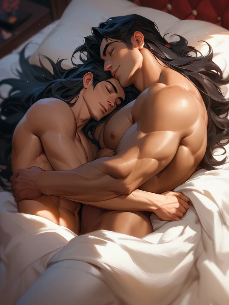 (2heads), one 28 year old man with handsome physique, brown hair, stubble, shirtless,  pose in bed, 