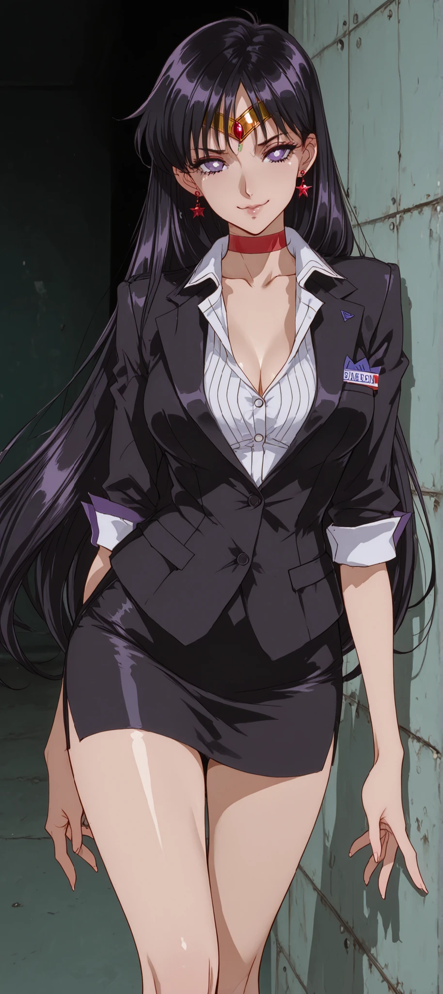 (masterpiece, detailed:1.2), ((dramatic knee-length image)), fantasy eyes, normal breasts, body fit, soft curves ,1girl, sailor mars,Alone,black hair,Diadem,long hair,purple eyes,parted bangs, wears a black suit, black suit, businesswoman, very elegant, neckline, Falda, she shows 2 fingers to the spectator, seductive expression, small smile, standing, dynamic pose, looking at the viewer, Background simple, 