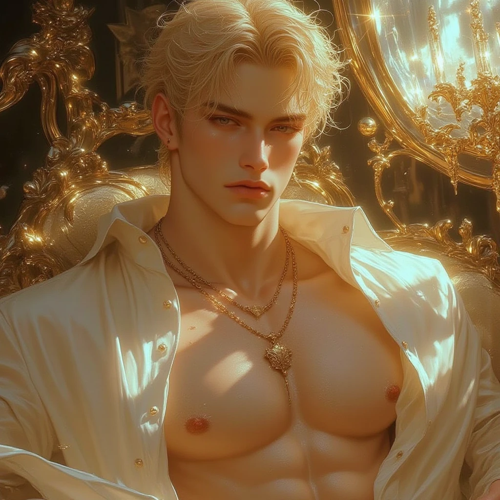 A muscular Korean man is in wonderland, 20 years old, He is wearing snow white clothes (fur layers on the shoulders and back) with a very long pile, completely  looks fit, nice shaped , smooth  and , underneath you can see  his body is very muscular. The emphasis is on the male body.    Above his head is a halo surrounded by white clouds and golden holy light., (The body is decorated with a gold chain with precious stones, finger rings), (A heavy belt with a gold  band with sparkling gemstones).    voluptuous crotch.    He had short black hair with shaved temples and large, expressive green eyes. A clock was ticking in the distance.    This scene looked like something out of the realm of fantasy or legend when viewed from above