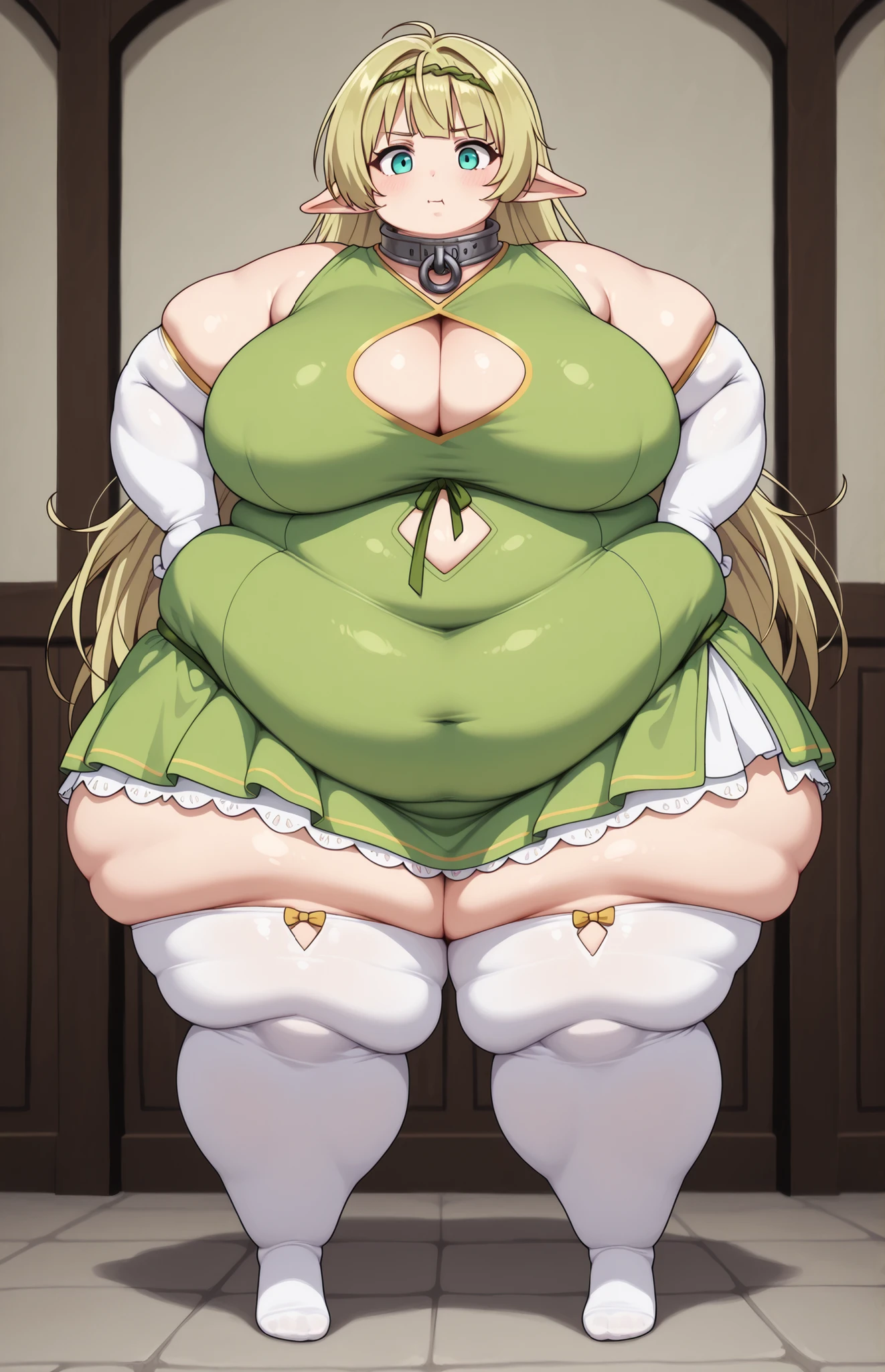 shera greenwood, long hair, blonde hair, , very long hair, hairband, pointy ears, elf, aqua eyes,
thighhighs, gloves, dress, cleavage, elbow gloves, white gloves, collar, clothing cutout, cleavage cutout, green dress, metal collar, full body, bedroom background, thigh pudge, chubby, huge thighs, obese, thick arms, , thick arms, belly, ussbbw, good , perfect , wide , massive , overweight female, morbidly obese, hyper fat, swollen face,