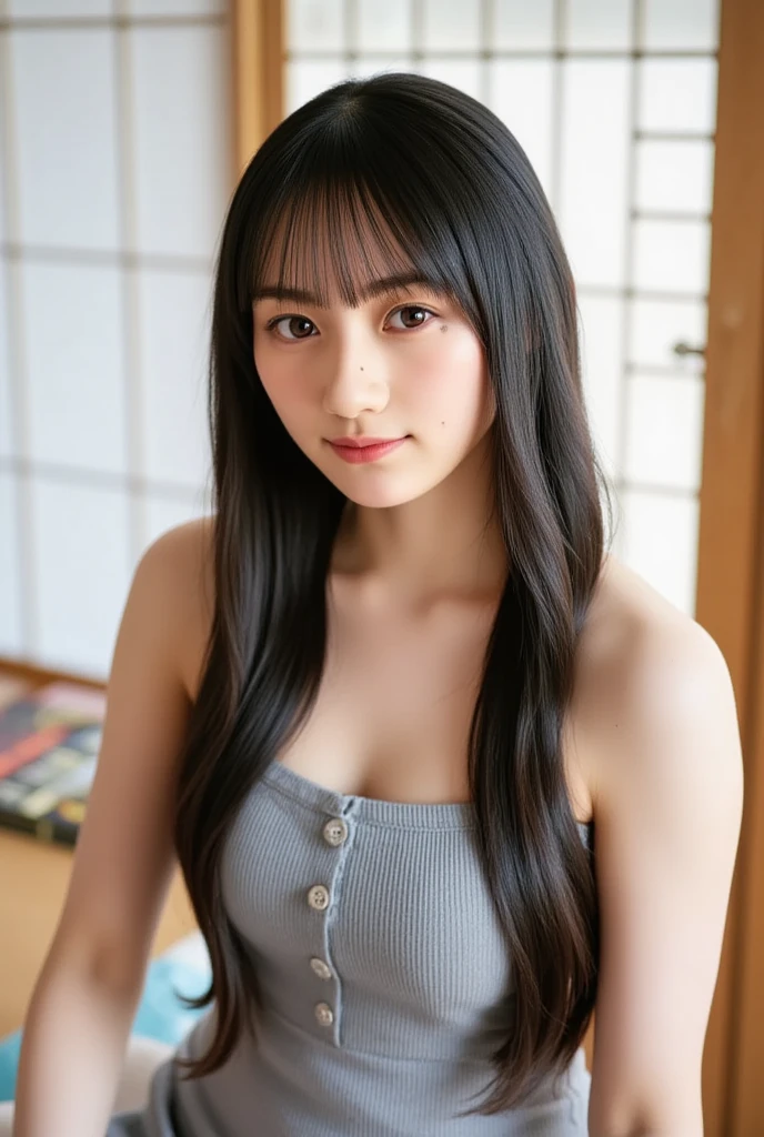 Young woman with long hair, , and her dark hair and bangs sparkle with ...
