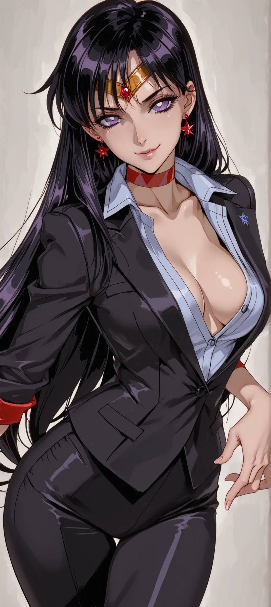 (masterpiece, detailed:1.2), ((dramatic image of half a body)), fantasy eyes, normal breasts, body fit, soft curves ,1girl, sailor mars,Alone,black hair,Diadem,long hair,purple eyes,parted bangs, wears a black suit, black suit, businesswoman, very elegant, neckline, Falda, She shows 2 fingers in front, seductive expression, small smile, standing, ((dynamic pose)), looking at the viewer, Background simple, 