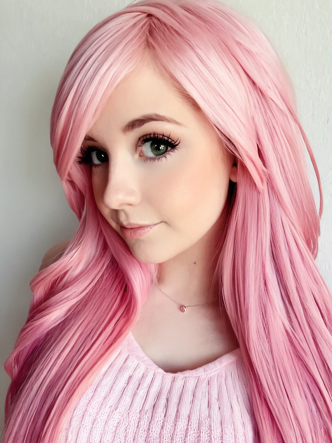 Modelo de 18 anos, ela tem longos cabelos rosa molhados com tinta rosa, olhos azuis, e batom natural, She is wearing a pink dress with white flowers and ruffles, she is dyeing her hair with pink dye in the beauty salon with a professional who is dyeing her hair with pink dye