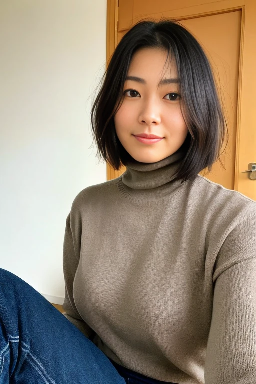 photo of a skinny asian teen  wife, bob style hair, She wears: (turtleneck high ribbed dark blue tight sweater:1.1),   pose, high tight ribbed neck,  smile, perfect fake , turtleneck top