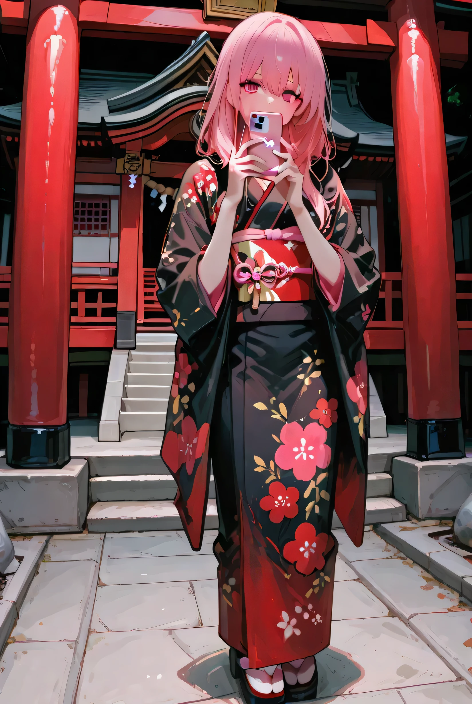 (pink eyes :1.2) (A radiant glow:1.1) pink long hair, in a Japanese shrine, wearing a black and red kimono, full body, holding cellphone 