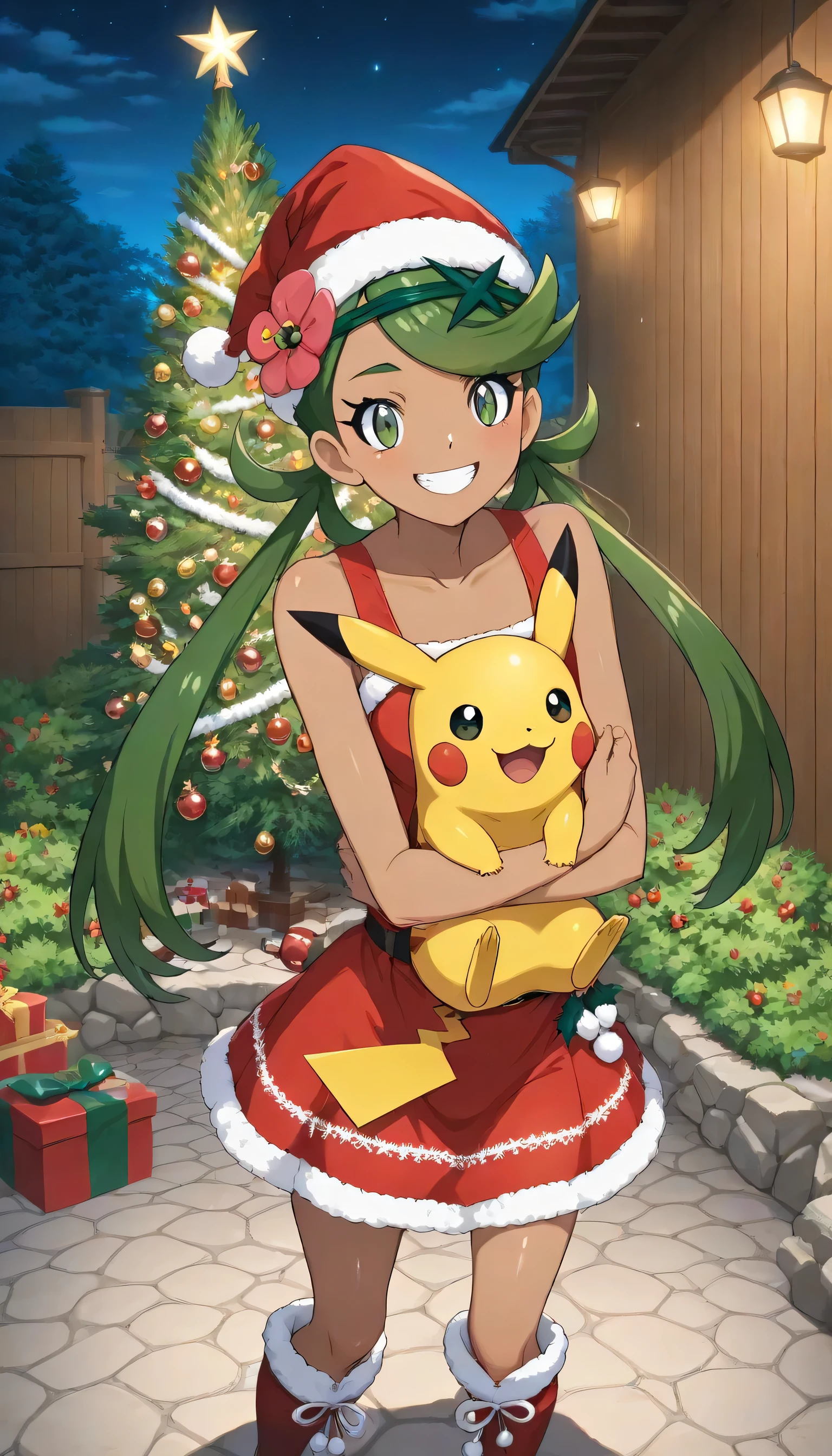 (score_9, score_8_up, score_7_up, source_anime, Mallow, 1girl), (Highly Detailed CG Unit 8k Wallpaper),(master part), (top quality), (Ultra Details), (best illustration with good texture),(Ghibli_style), close up, is standing, Viewers facing, watching viewers, perfect face, PERFECT EYES, Perfect Fingers, (Sharp Eyeliner, shadow, detailed eyes:1 ,Pokemon Poke Ball Throw:1), conventional media, Outdoors, garden , wooden wall, BREAK , Illuminations, Big Christmas Tree , ライトup照明 ,Volume Lighting , Christmas gifts ,night , null , Holding Pokémon(Pikachu:1)solo, long hair, Bang, hair ornaments, Twin Tails, green eyes, Flowers with Christmas Ornaments, green hair, hair flower, Brown skin, dark-skinned woman, swept Bang, collarbone, sleeveless, Red Short Boots , Santa Hat , Santa Outfits, red dress, miniskirt , smile,Cowboy Shots