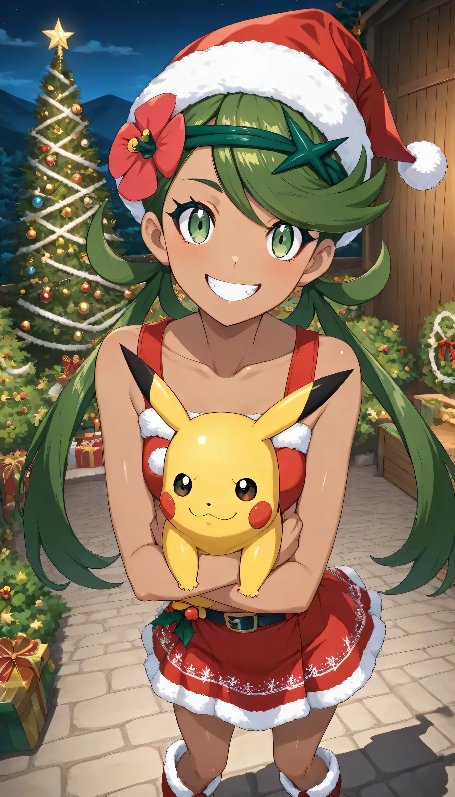 (score_9, score_8_up, score_7_up, source_anime, Mallow, 1girl), (Highly Detailed CG Unit 8k Wallpaper),(master part), (top quality), (Ultra Details), (best illustration with good texture),(Ghibli_style), close up, is standing, Viewers facing, watching viewers, perfect face, PERFECT EYES, Perfect Fingers, (Sharp Eyeliner, shadow, detailed eyes:1 ,Pokemon Poke Ball Throw:1), conventional media, Outdoors, garden , wooden wall, BREAK , Illuminations, Big Christmas Tree , ライトup照明 ,Volume Lighting , Christmas gifts ,night , null , Holding Pokémon(Pikachu:1)solo, long hair, Bang, hair ornaments, Twin Tails, green eyes, Flowers with Christmas Ornaments, green hair, hair flower, Brown skin, dark-skinned woman, swept Bang, collarbone, sleeveless, Red Short Boots , Santa Hat , Santa Outfits, red dress, miniskirt , smile,upper body