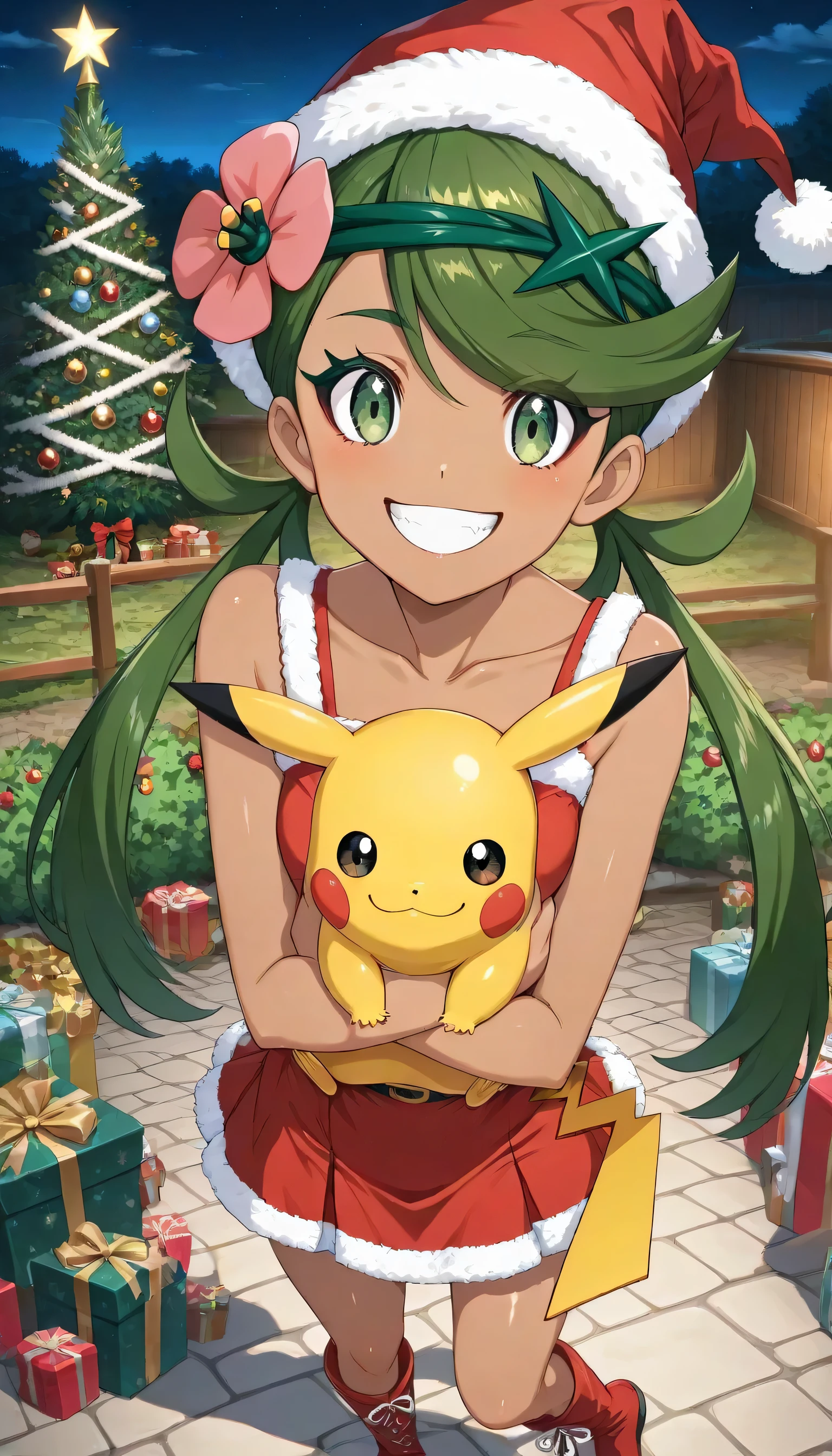 (score_9, score_8_up, score_7_up, source_anime, Mallow, 1girl), (Highly Detailed CG Unit 8k Wallpaper),(master part), (top quality), (Ultra Details), (best illustration with good texture),(Ghibli_style), close up, is standing, Viewers facing, watching viewers, perfect face, PERFECT EYES, Perfect Fingers, (Sharp Eyeliner, shadow, detailed eyes:1 ,Pokemon Poke Ball Throw:1), conventional media, Outdoors, garden , wooden wall, BREAK , Illuminations, Big Christmas Tree , ライトup照明 ,Volume Lighting , Christmas gifts ,night , null , Holding Pokémon(Pikachu:1)solo, long hair, Bang, hair ornaments, Twin Tails, green eyes, Flowers with Christmas Ornaments, green hair, hair flower, Brown skin, dark-skinned woman, swept Bang, collarbone, sleeveless, Red Short Boots , Santa Hat , Santa Outfits, red dress, miniskirt , smile,upper body