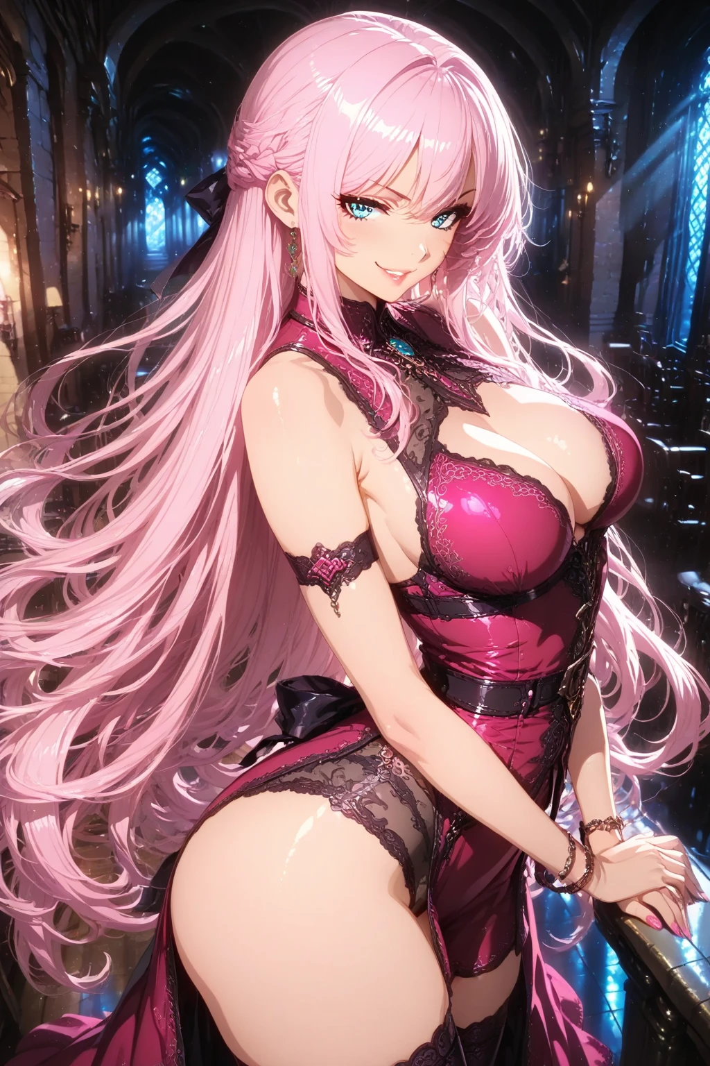 Residential street，A girl in a sheer, ?????? lace dress with visible ???????, big ?????, giant ?????, showing ??????, pubic hair, ?????? visible, giant glutes, Crowd in ?????????，Surrounded by paparazzi，Dance vigorously、long hair collections，pink hair, ???????????, big ???, big glutes, flirtatious smile, ?????? smile