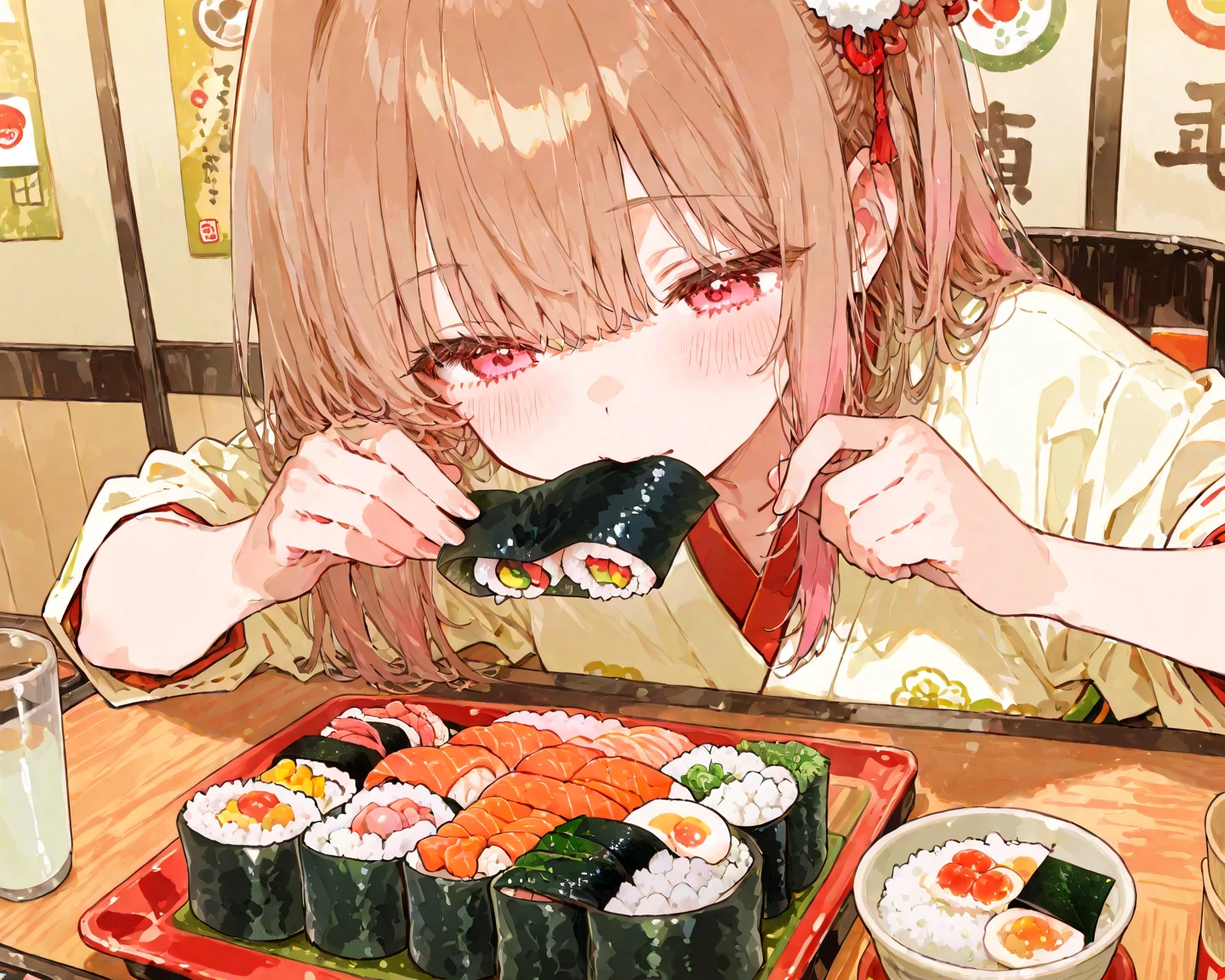 (finely best quality illustration:1.20), (kawaii girl:1.10), (1girl, solo:1.00), a girl eat sushi happily
