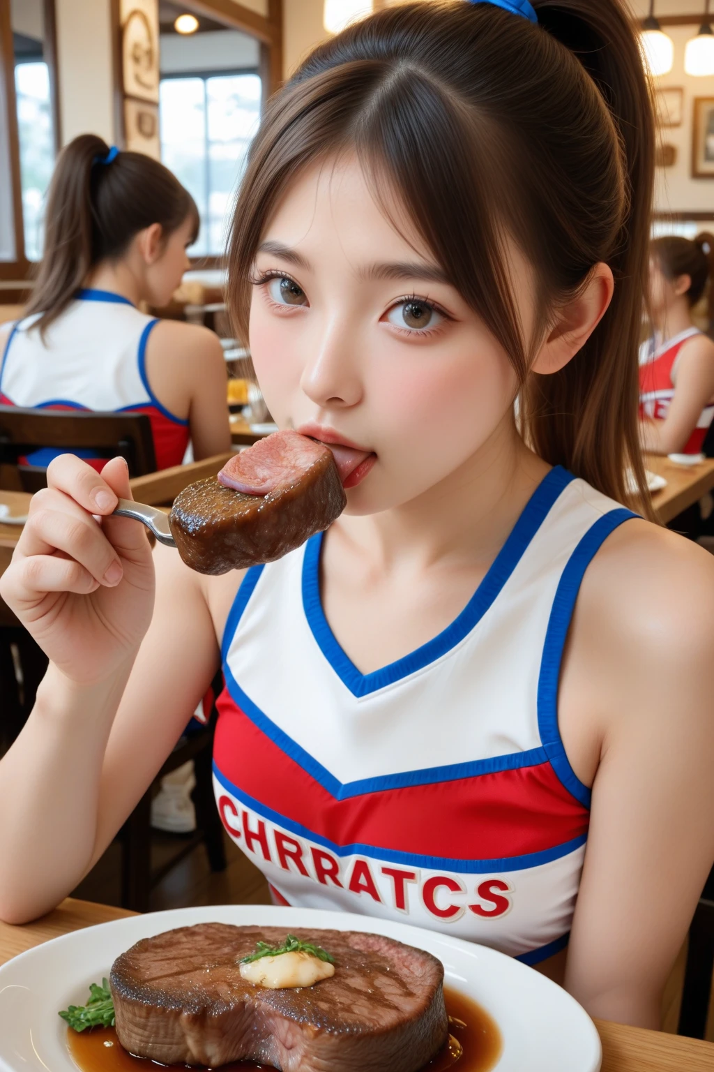 (best quality:1.2), masterpiece, Realistic, Ultra-high resolution, (((a beautiful Japanese idol 12 years old woman:1.2))), ((Gaunt:1.3)), (((Very flat chest:1.4))), ((Baby Face)), villainess, arms up, show me your armpit:1.2, (((tip of sausage touches her armpit:1.2))), (She has condensed milk poured all over her body), (completely :1.2), ((Armpits are wet and shiny with sweat:1.2)), She has skin that sweats easily Soaking wet, Sweaty, ((I can see my pores:1.4)), ((Frightened expression:1.3)), (((Put a very-long-sausage in her mouth:1.3))), ( chamber, prison:1.5)