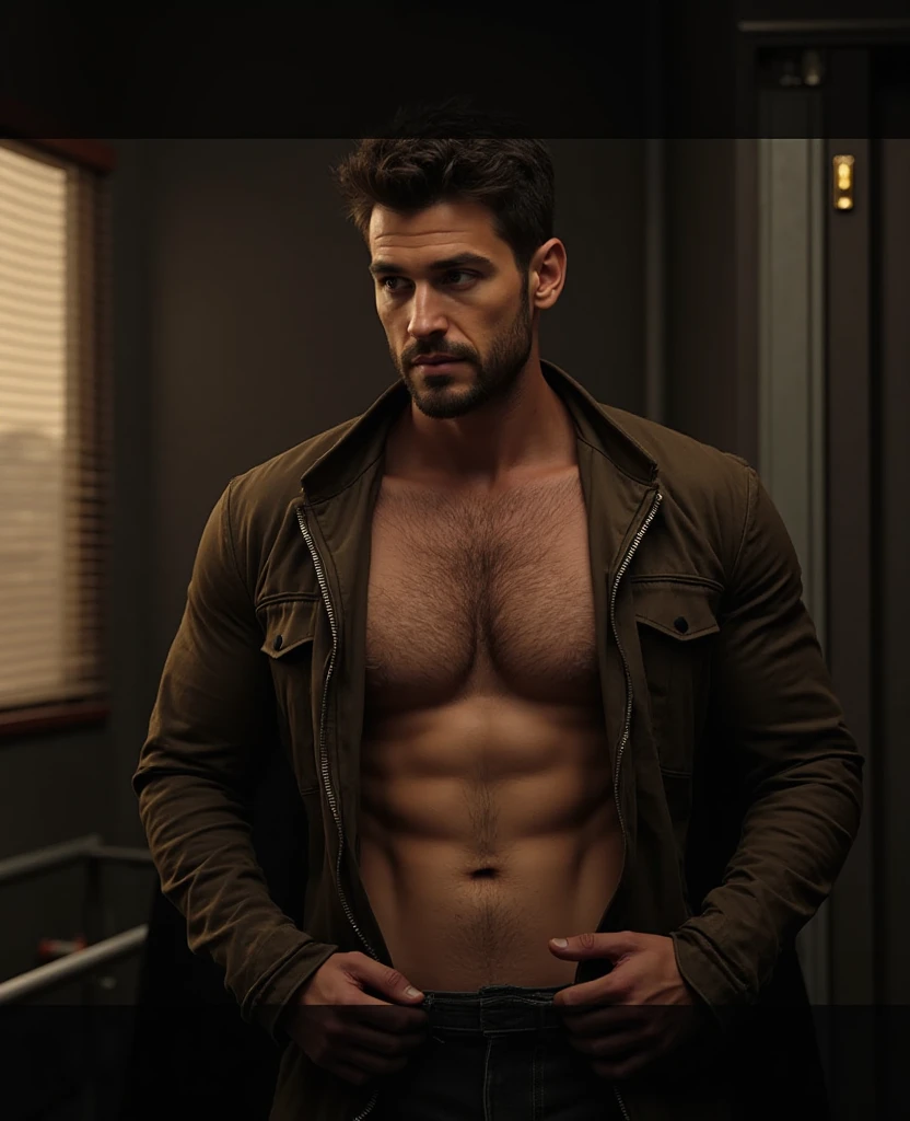 masterpiece, best quality, high resolution, closeup portrait, male focus, solo focus, A man, with doctor clothes, ???? ?????, lean body, hairy legs, posing like a model, tight ?????????, body hair, facial hair, muscular , in the background a doctor office, amazing composition, front view, HDR, ultra quality, elegant, highly detailed, beard, dimples, model face, hairy body, handsome, god looking, attractive