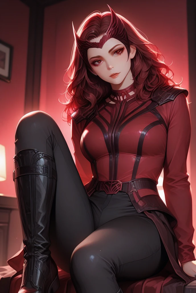 uma mulher, decote, uma mulher com um vestido preto, cabelo logo vermelho, saia curta, botas vermelhas, luvas vermelhas, monocromatico, fundo preto