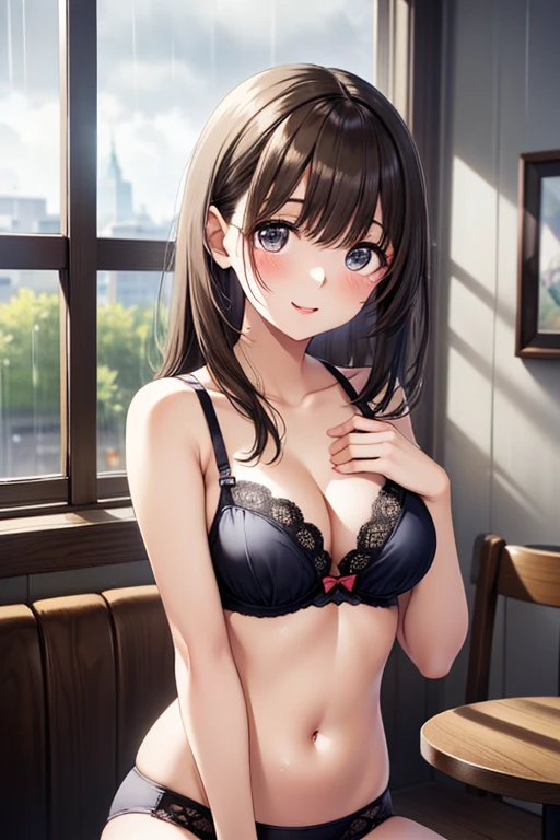 (masterpiece:1.3, top-quality, ultra high res, ultra detailed), (realistic, photorealistic:1.4), beautiful illustration, perfect lighting, natural lighting, colorful, depth of fields, surrealism,
beautiful detailed hair, beautiful detailed face, beautiful detailed eyes, beautiful clavicle, beautiful body, beautiful ?????, beautiful thigh, beautiful legs, beautiful fingers, 
looking at viewer, 1 girl, japanese, high school girl, (perfect ???????, anatomically correct), cute and symmetrical face, babyface, perfect face, perfect eyes, shiny skin, 
(middle hair:1.8, side ponytail:1.1, (marron hair)), hair between eyes, (gold eyes), slant eyes, long eye lasher, (?????????????:0.8, seductive thighs), 
((black {tube top | bra camisole}, midriff:1.1, black enamel short pants, black choker, 2 brown belt), yellow hair chouchou), 
(beautiful scenery), summer, evening, (recording studio), extremely ????, (lovely smile, upper eyes),