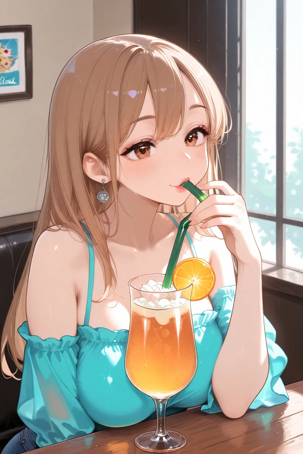 , brown long hair,  feed, Laughing with your mouth open, 白いノースリーブシャツ, short pants, city, holding a drink