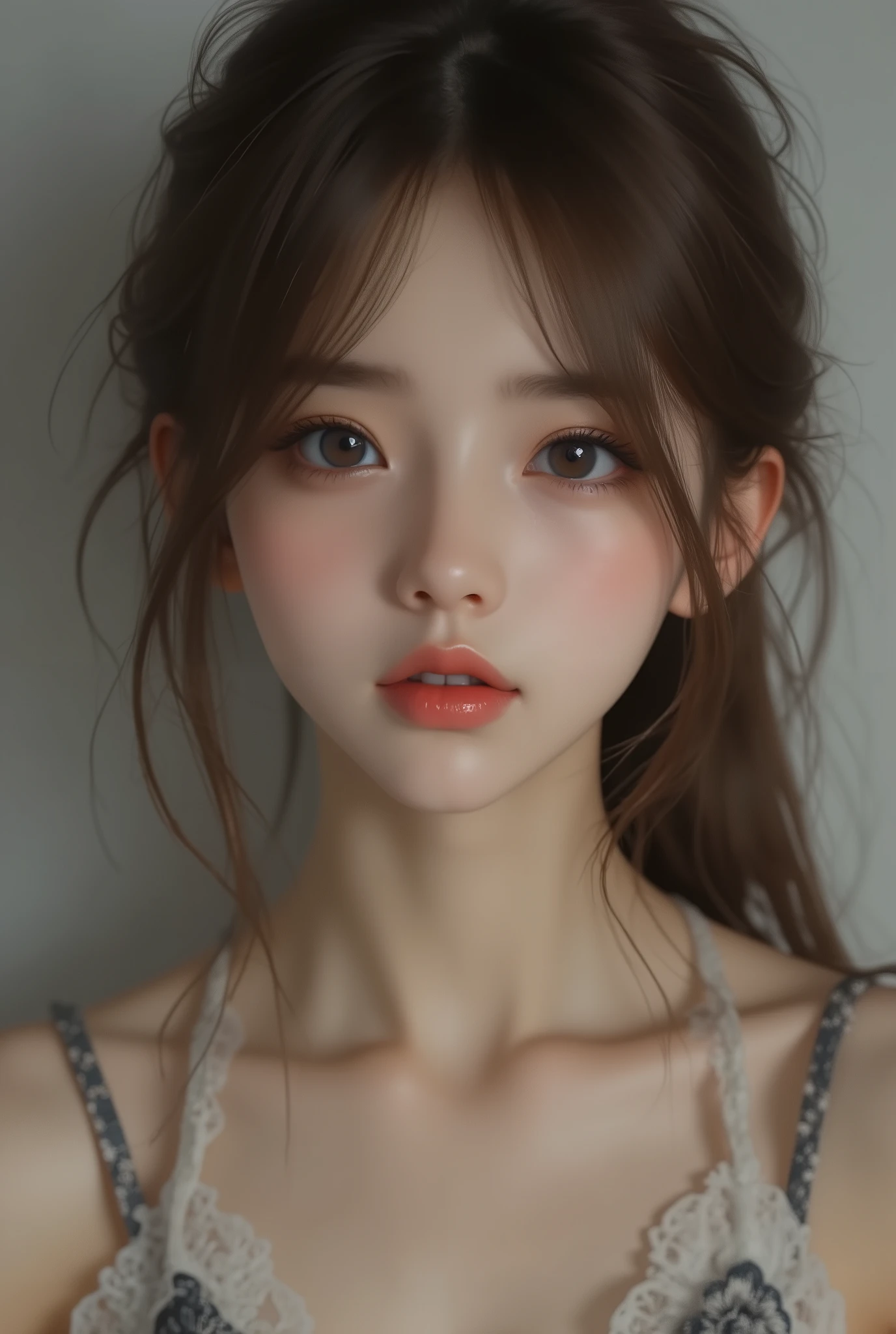 Leo Girl ,cute 1 girl, long, disheveled brown hair, bite your lips,Attractive bangs, Delicate skin, delicate face,,istic,1 girl,gray hair, blue background , upper body,