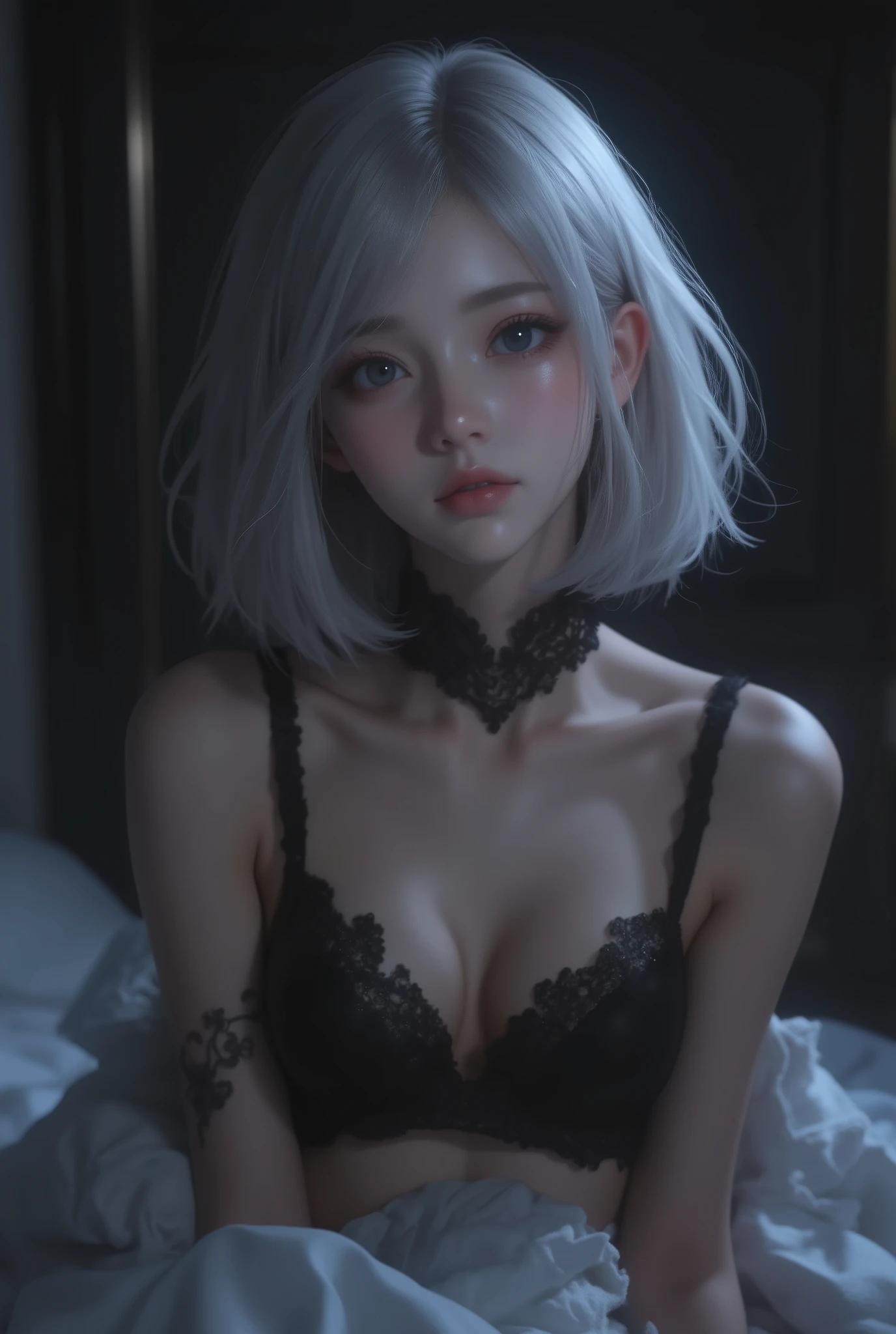 1girl,short hair, girl with gray hair、The background is a dark image、expressionless state, drifting powerlessly, and、Drifting powerlessly、Anime CG,masterpiece, top quality, amazing quality, very aesthetic, absurd, Newest,((sitting in bed))